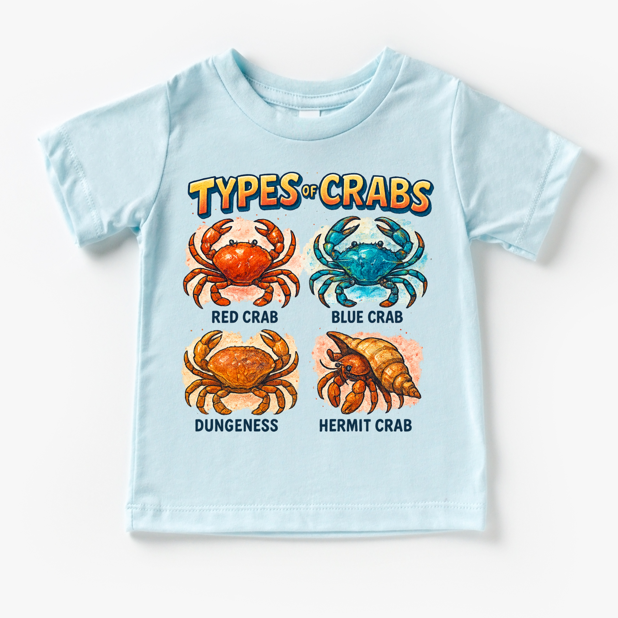 Light blue t-shirt with colorful crab illustrations and text on a white background