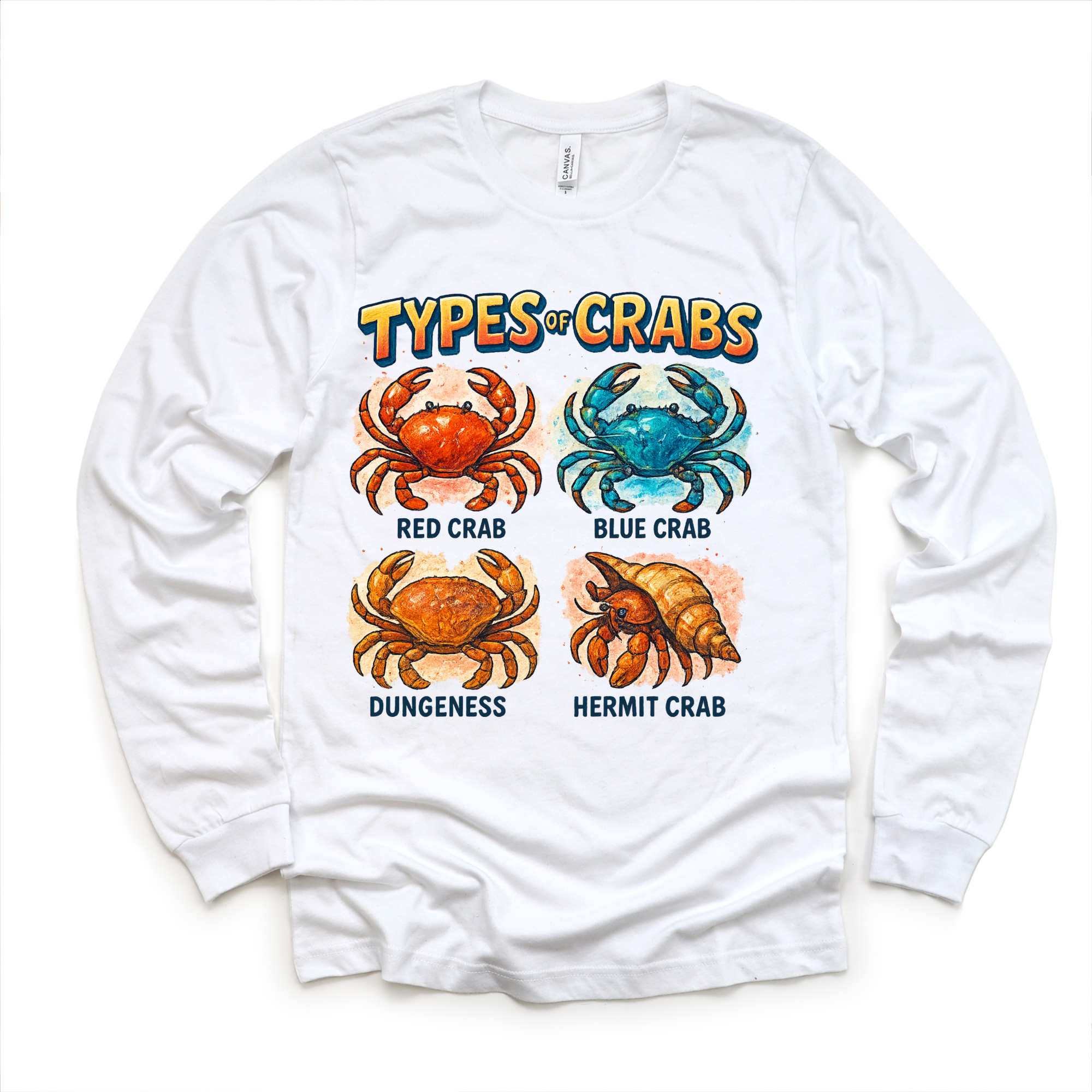 White long-sleeve shirt with colorful crab illustrations and text on a white background
