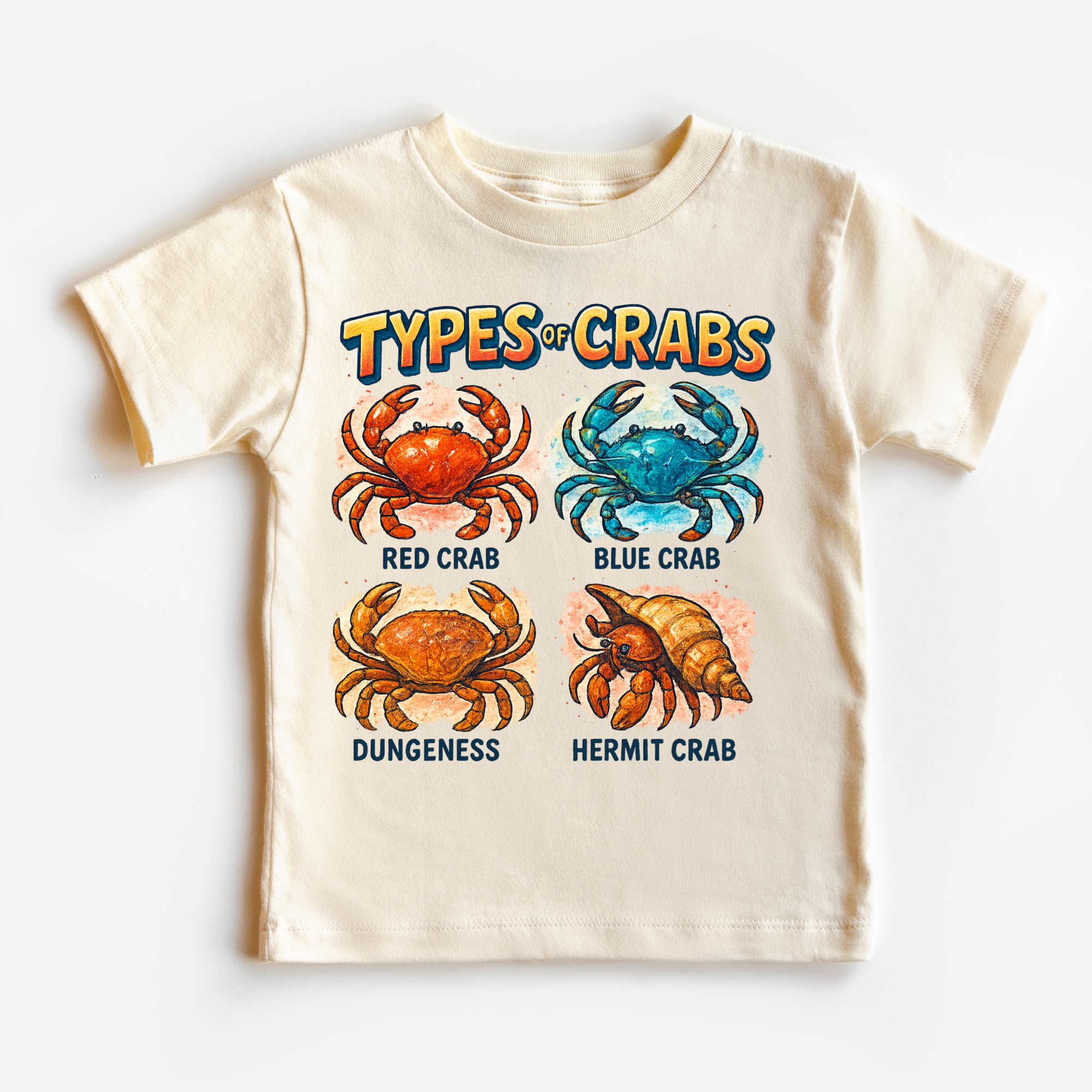 Children's t-shirt with illustrations of crabs and text on a white background