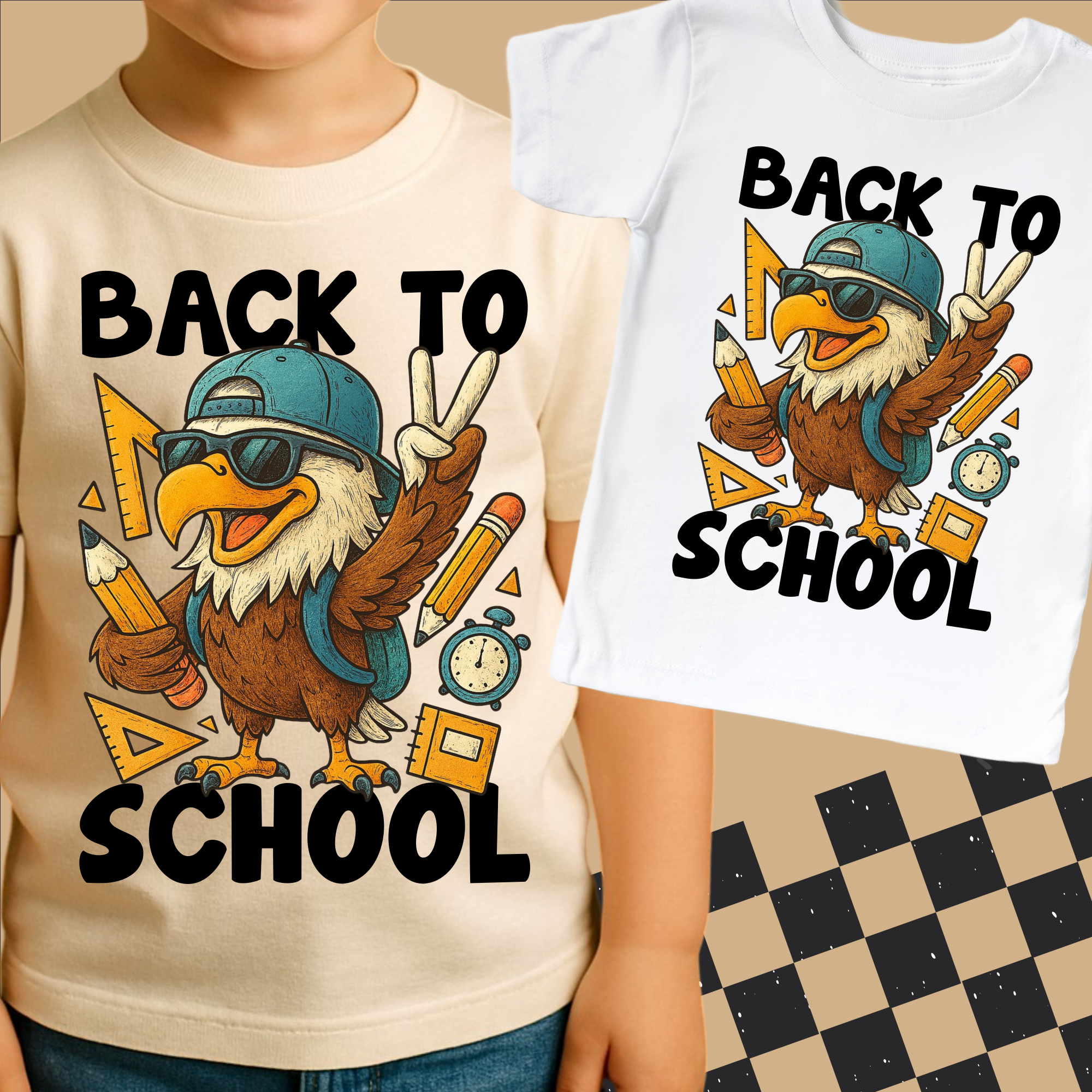 Two 'Back to School' themed t-shirts with an eagle design on a checkered floor.