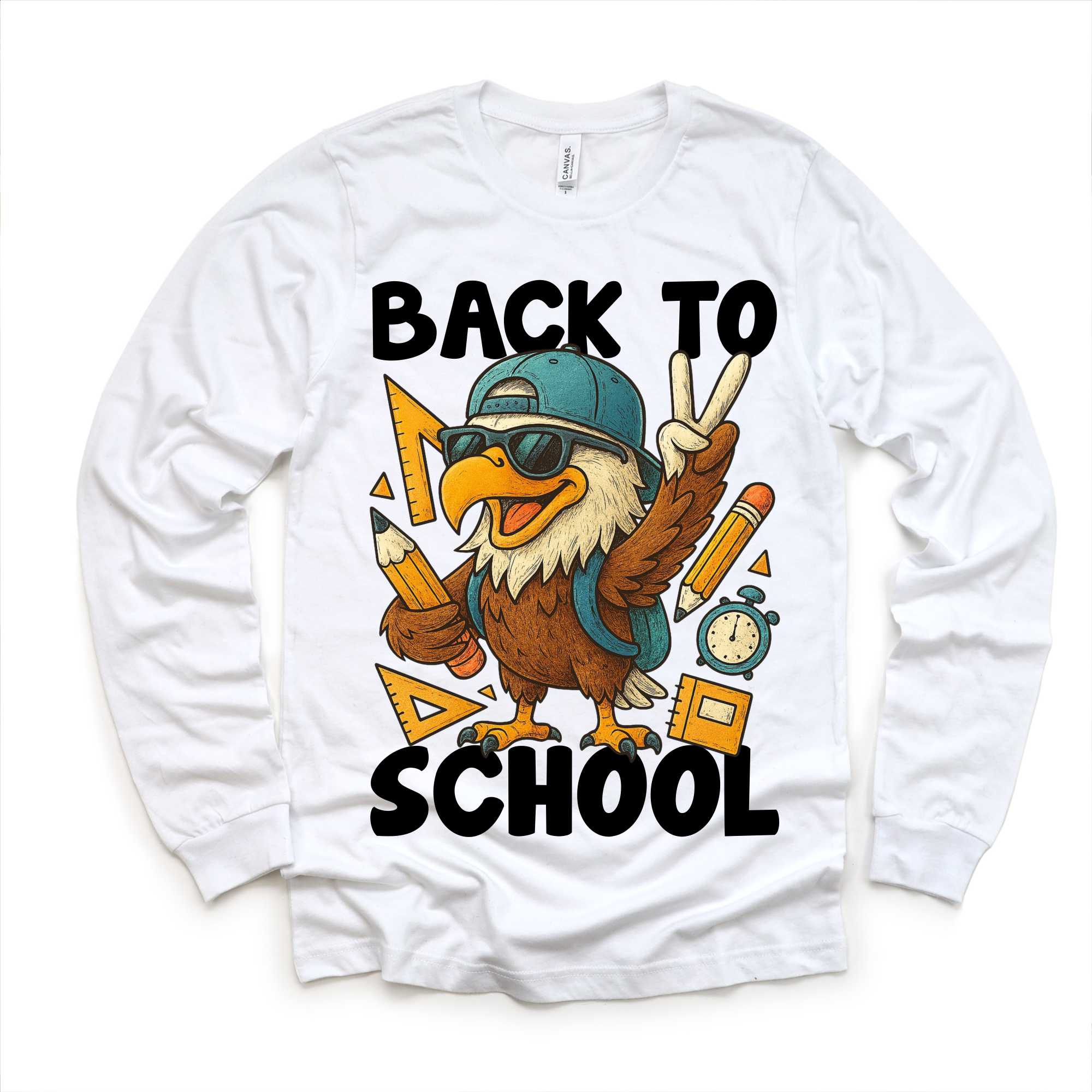 White long sleeve shirt with an eagle graphic and 'Back to School' text on a white background