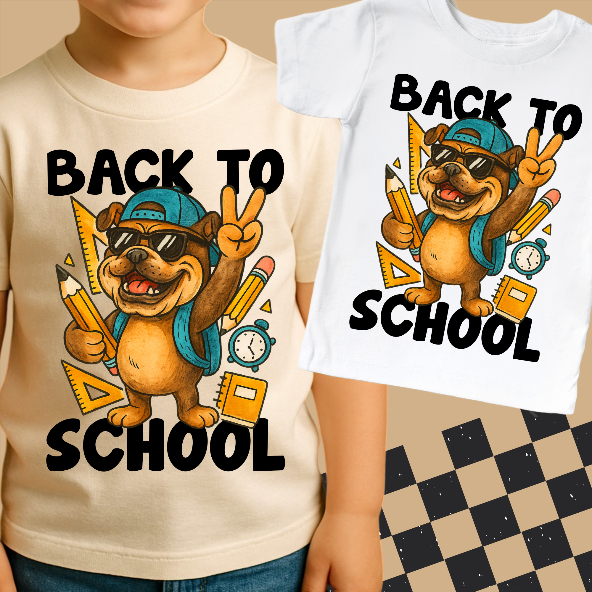 Two 'Back to School' themed t-shirts with a cartoon bear design on a checkered background.