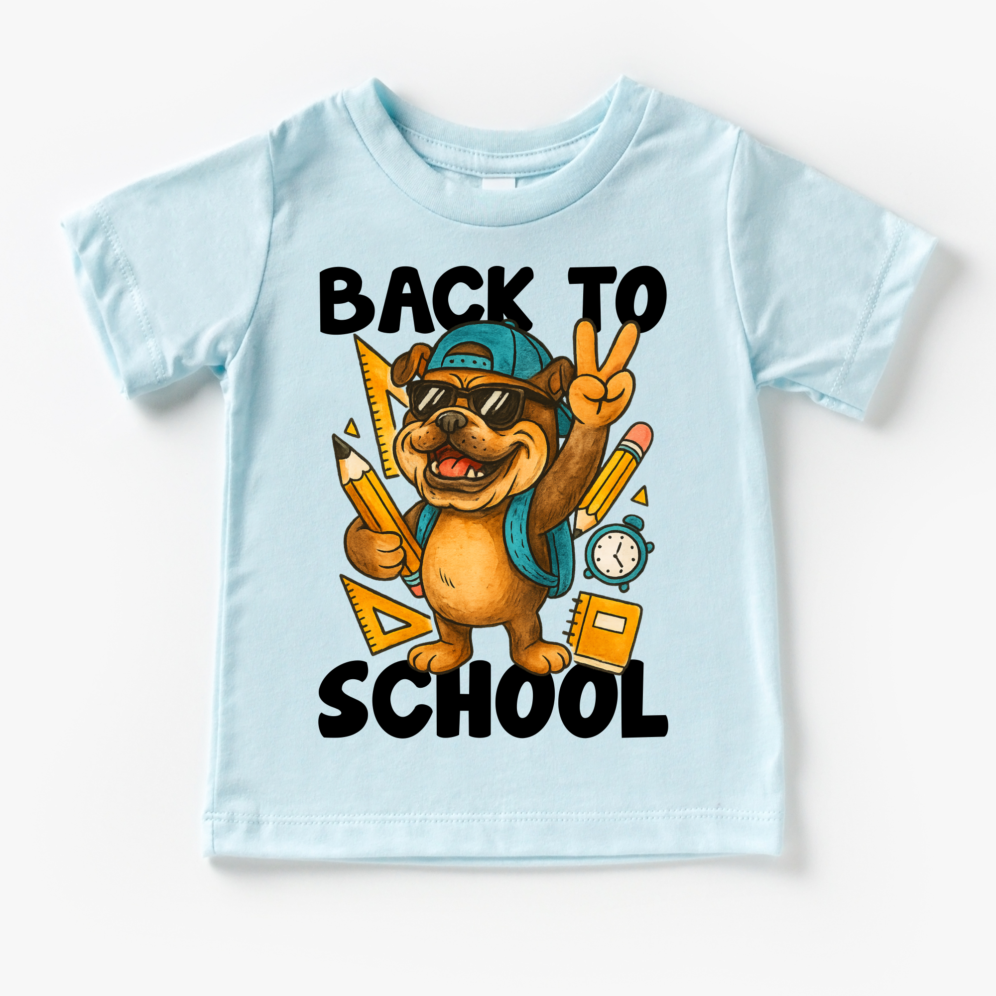 Light blue t-shirt with a dog graphic and 'Back to School' text on a white background