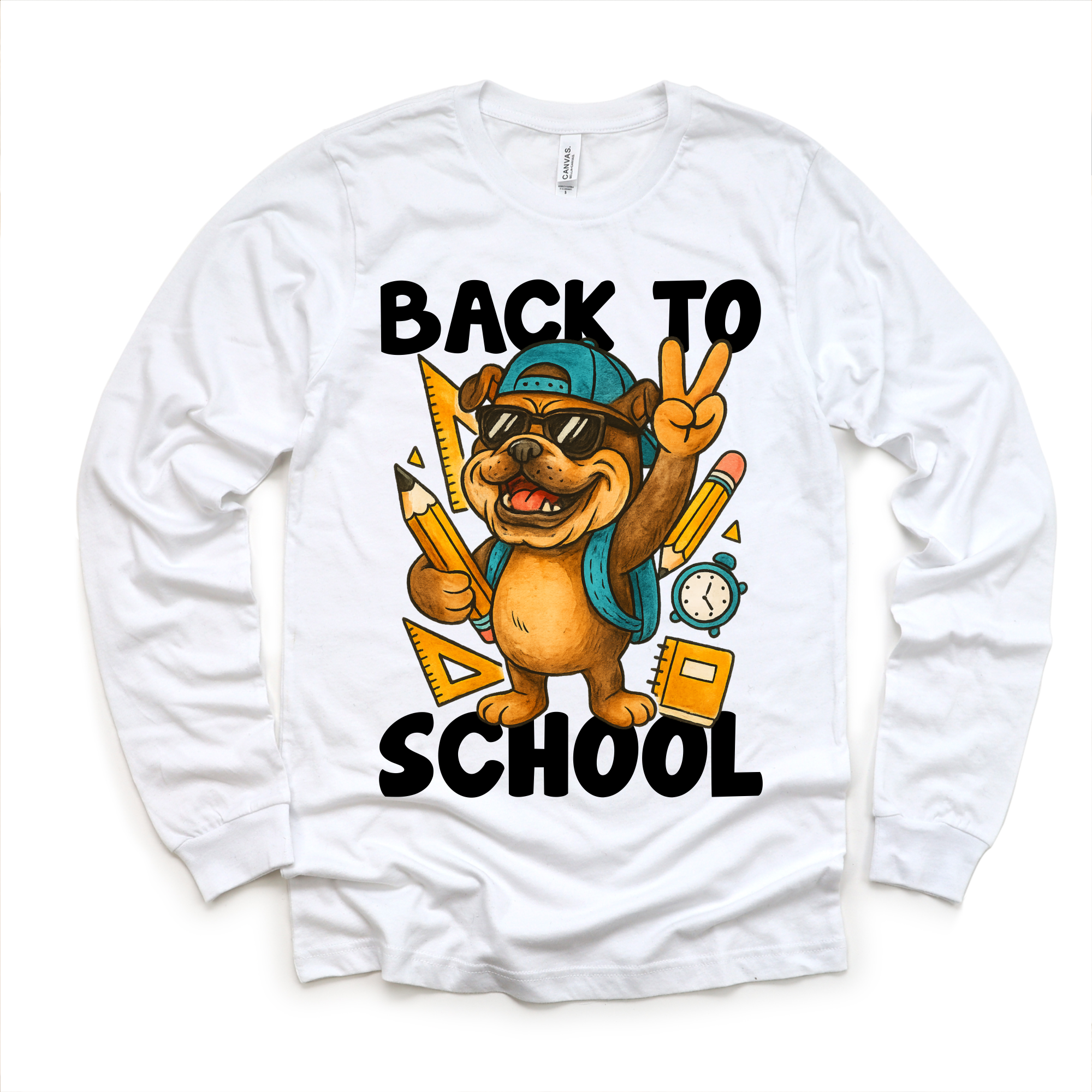 White long sleeve shirt with a cartoon dog holding school supplies and 'Back to School' text on a white background
