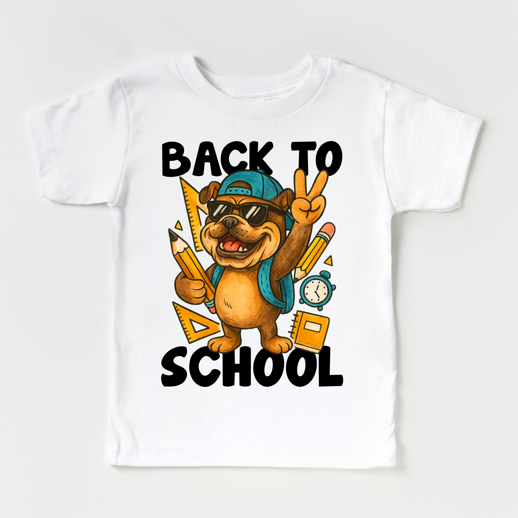 White t-shirt with a cartoon bear holding school supplies and 'Back to School' text on a white background