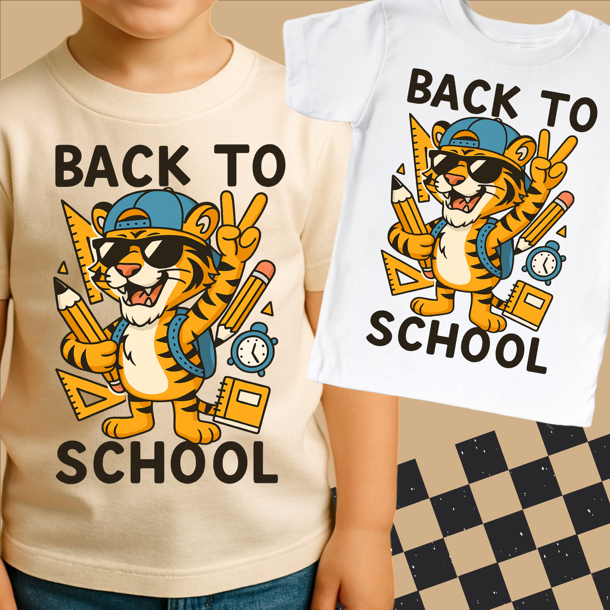 Two t-shirts with a tiger graphic and 'Back to School' text on a checkered background.