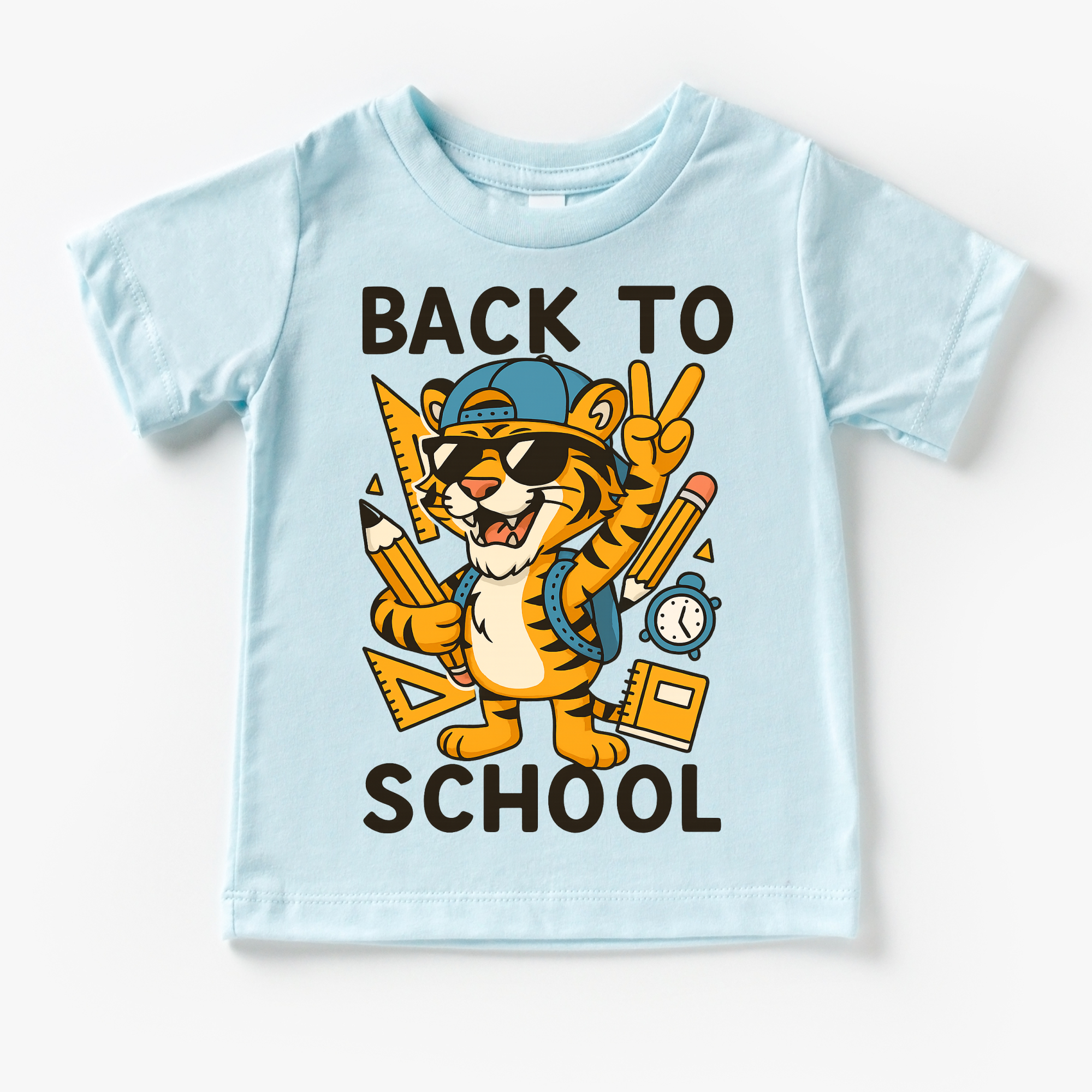 Light blue t-shirt with a tiger graphic and 'Back to School' text on a white background