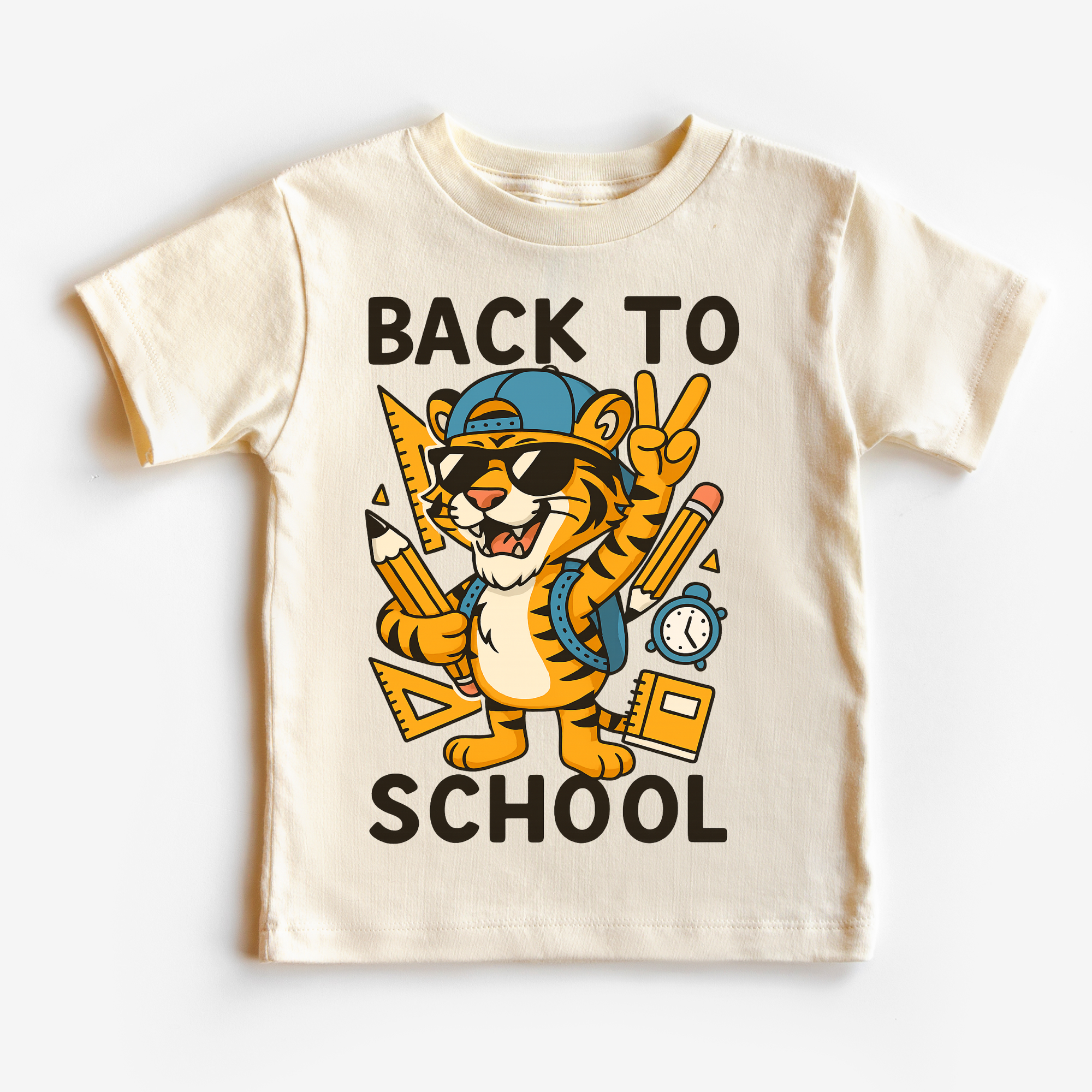 Children's t-shirt with a tiger design and 'Back to School' text on a white background