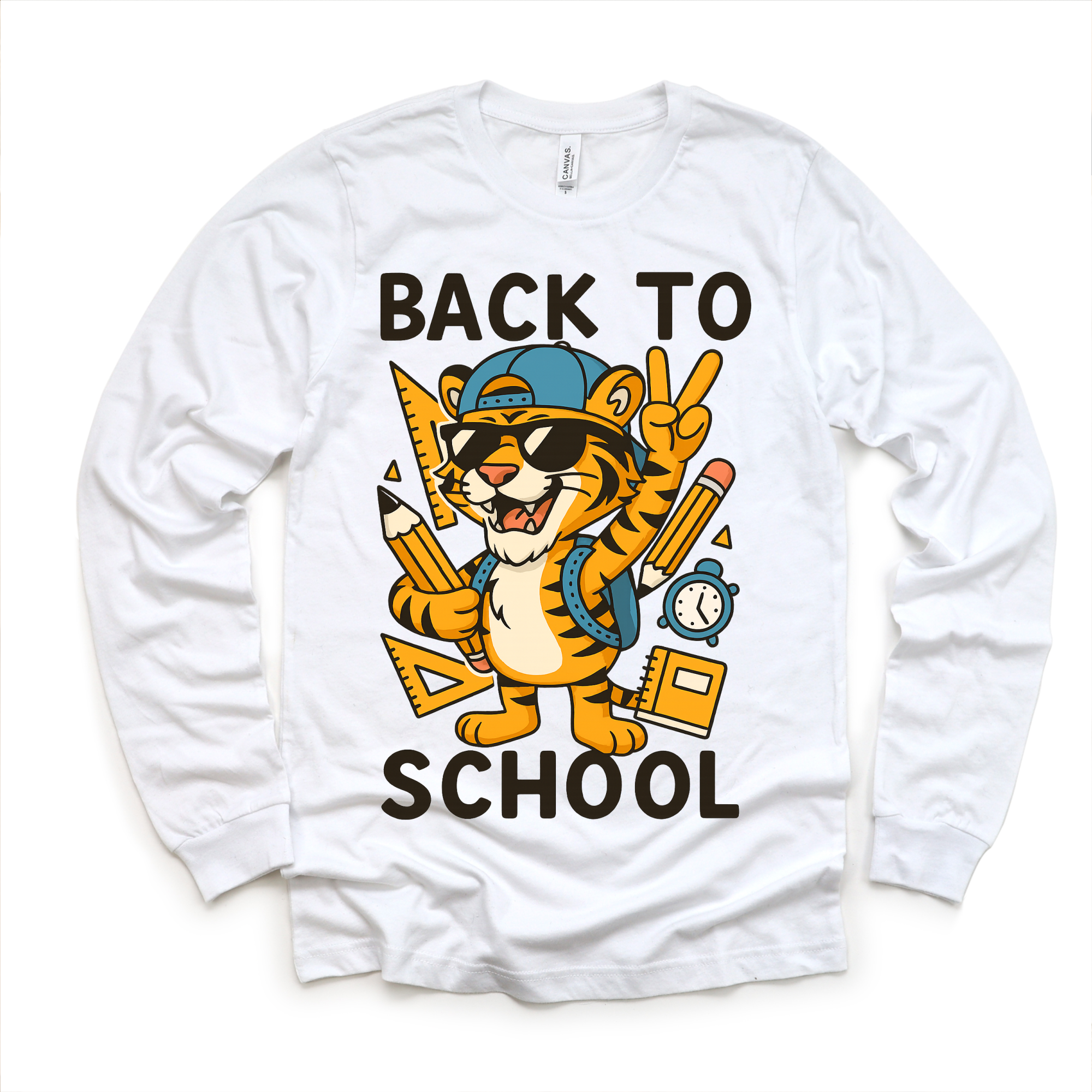 White long-sleeve shirt with a tiger graphic and 'Back to School' text on a white background