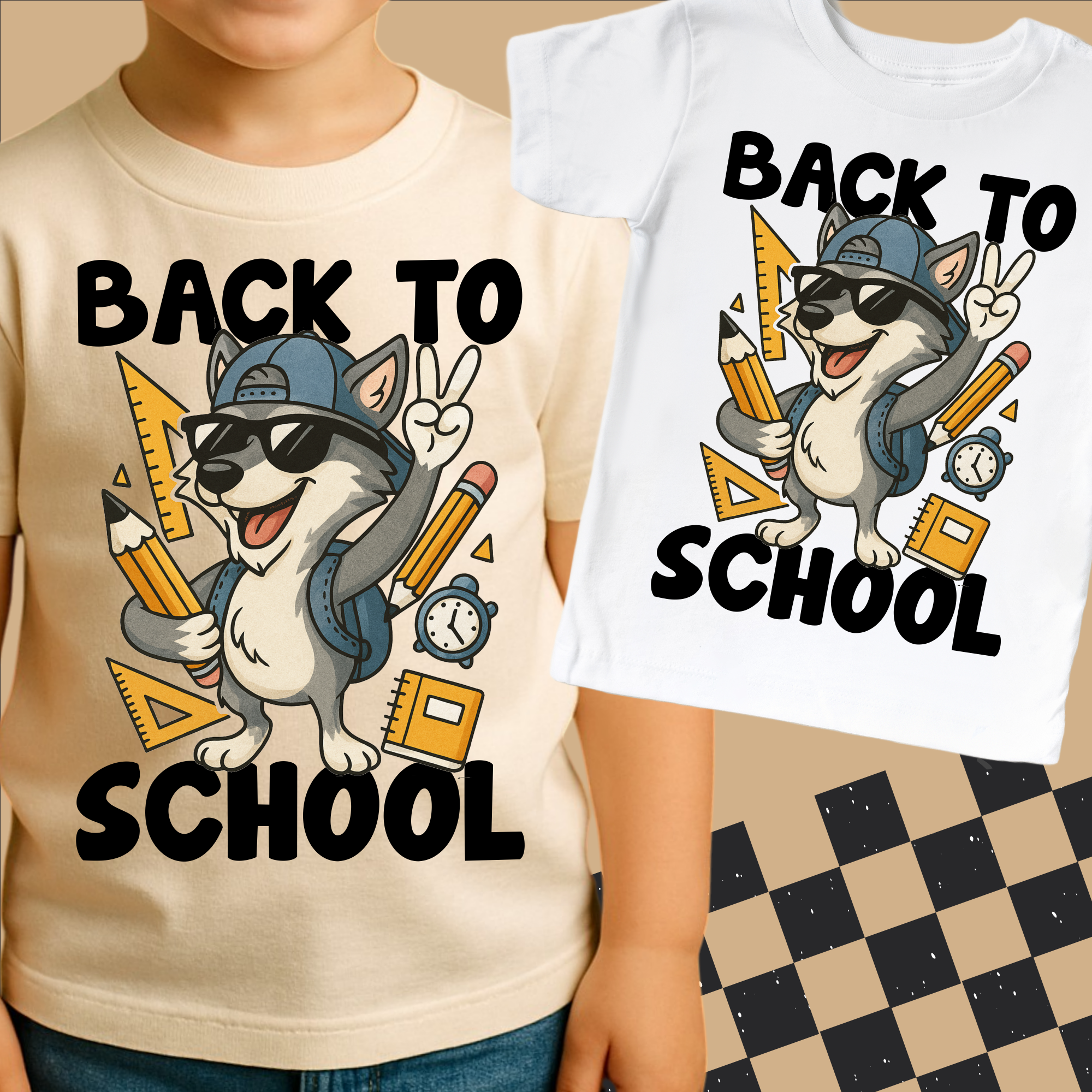 Two t-shirts with a cartoon dog wearing sunglasses and a backpack, holding pencils and a ruler, with 'Back to School' text.