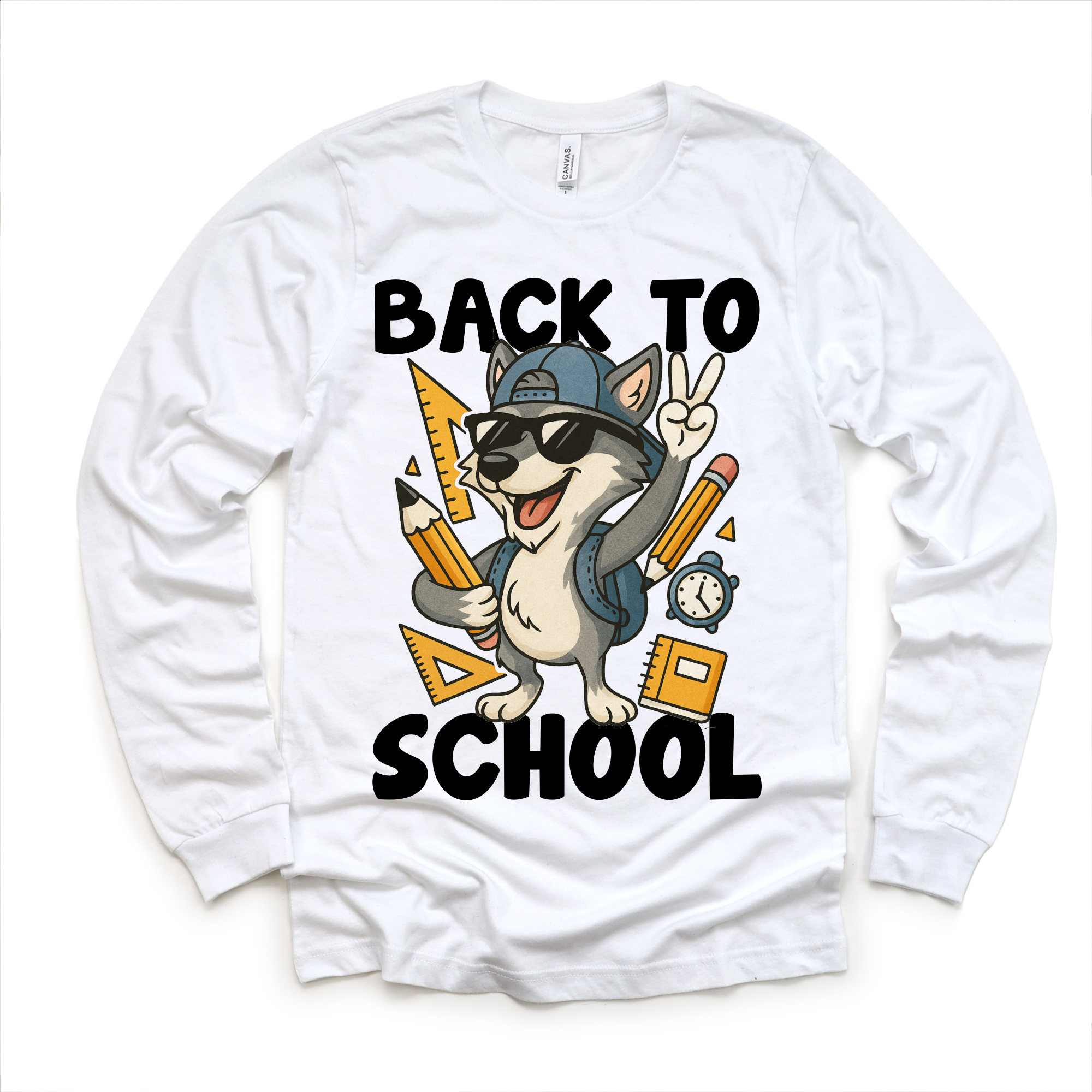 White long sleeve shirt with a cartoon dog, school supplies, and 'Back to School' text on a white background