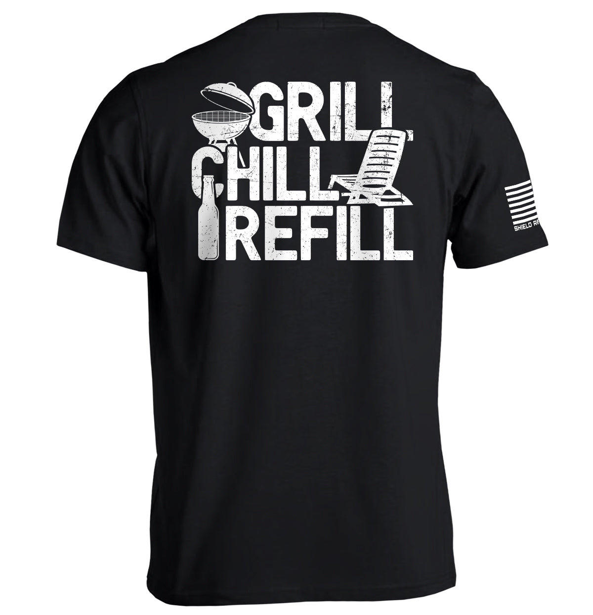Black t-shirt with 'Grill Chill Refill' text and graphics on a white background