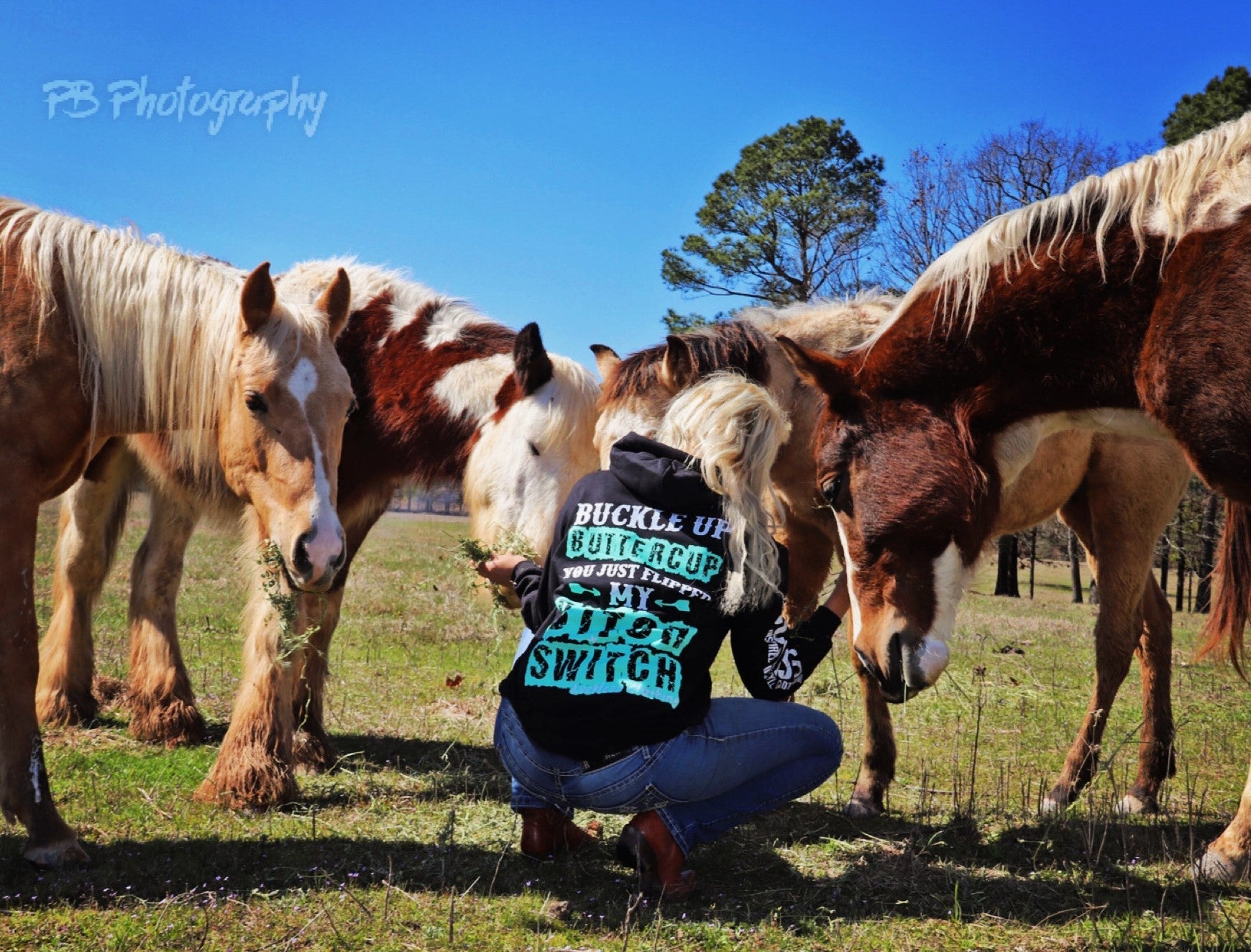 Person in a black hoodie with text kneeling among horses in a grassy field.