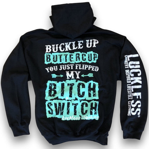 Black hoodie with colorful text on a white background