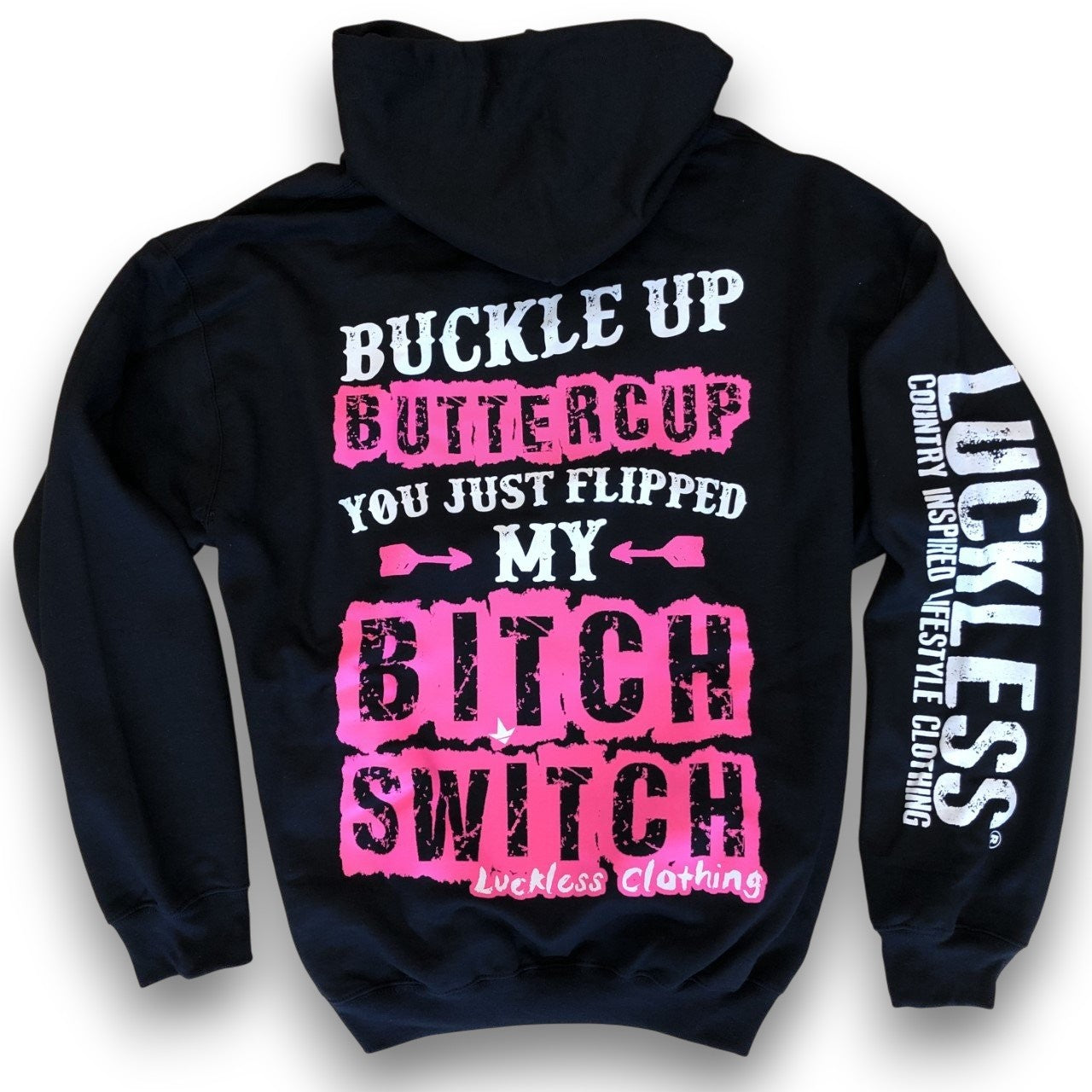 Black hoodie with pink and white text on a white background