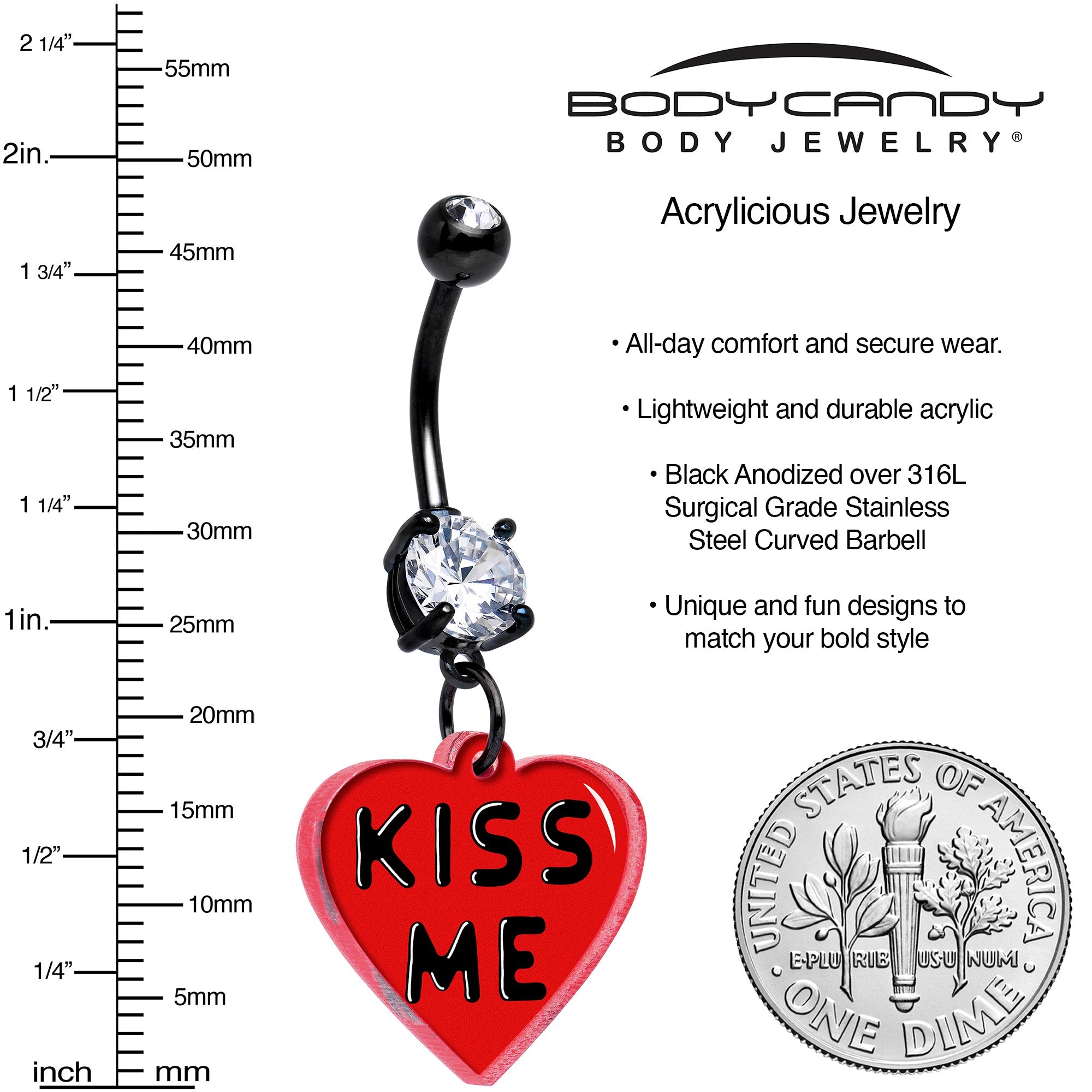 Black Double Gem Kiss Me Heart Dangle Belly Ring — Onyx O Exclusive | 316L Surgical Steel
