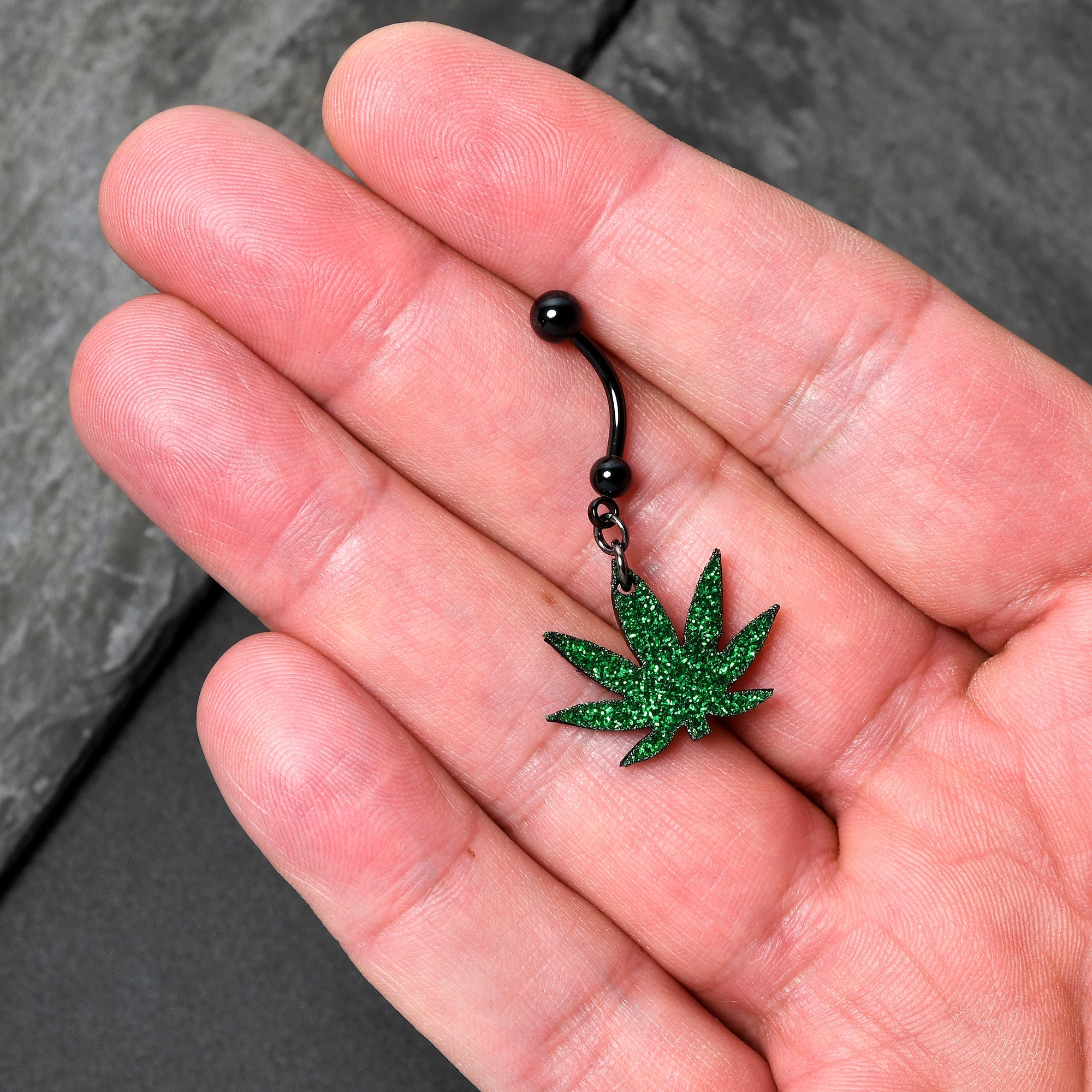 Green Glitter Leaf Black Dangle Belly Ring