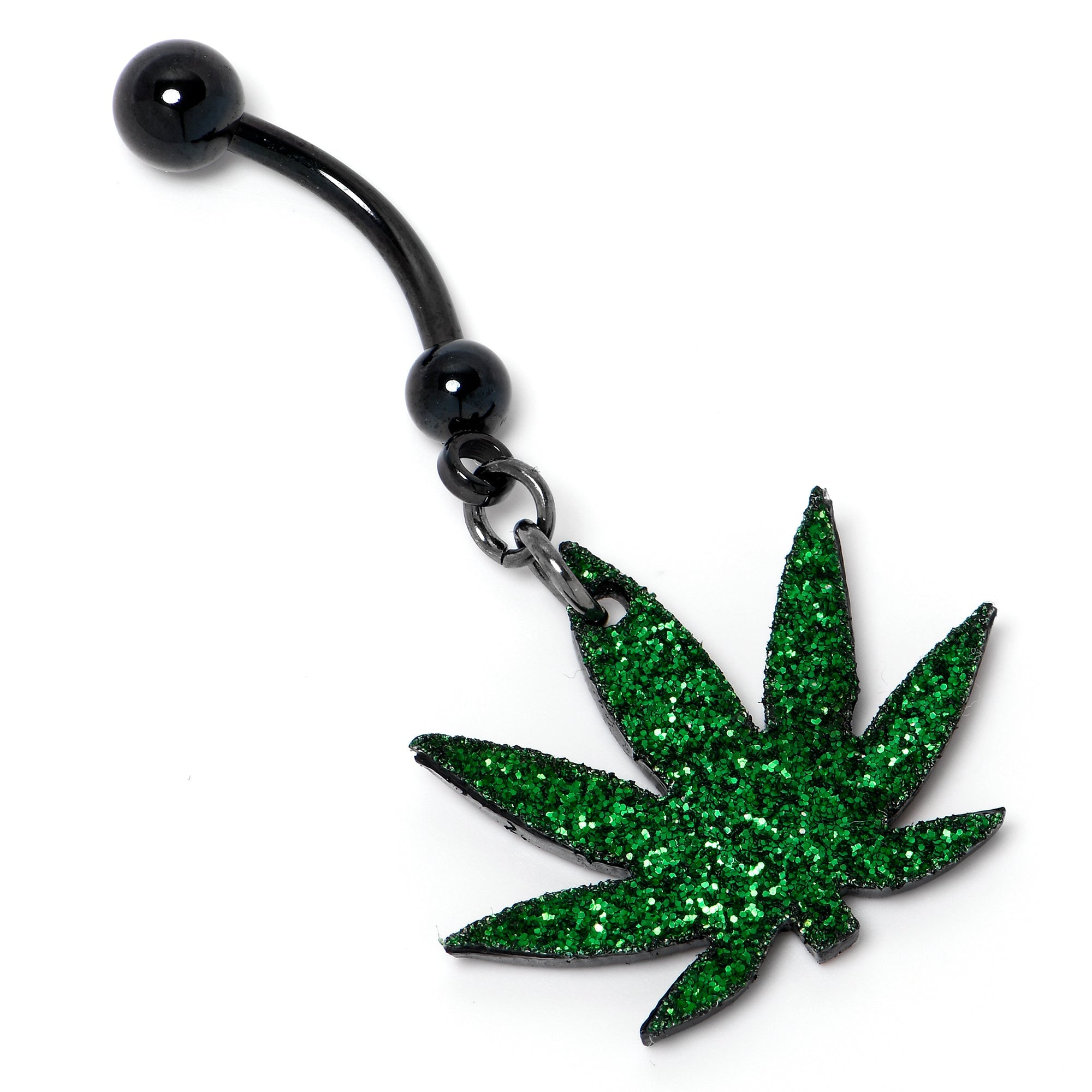 Green Glitter Leaf Black Dangle Belly Ring