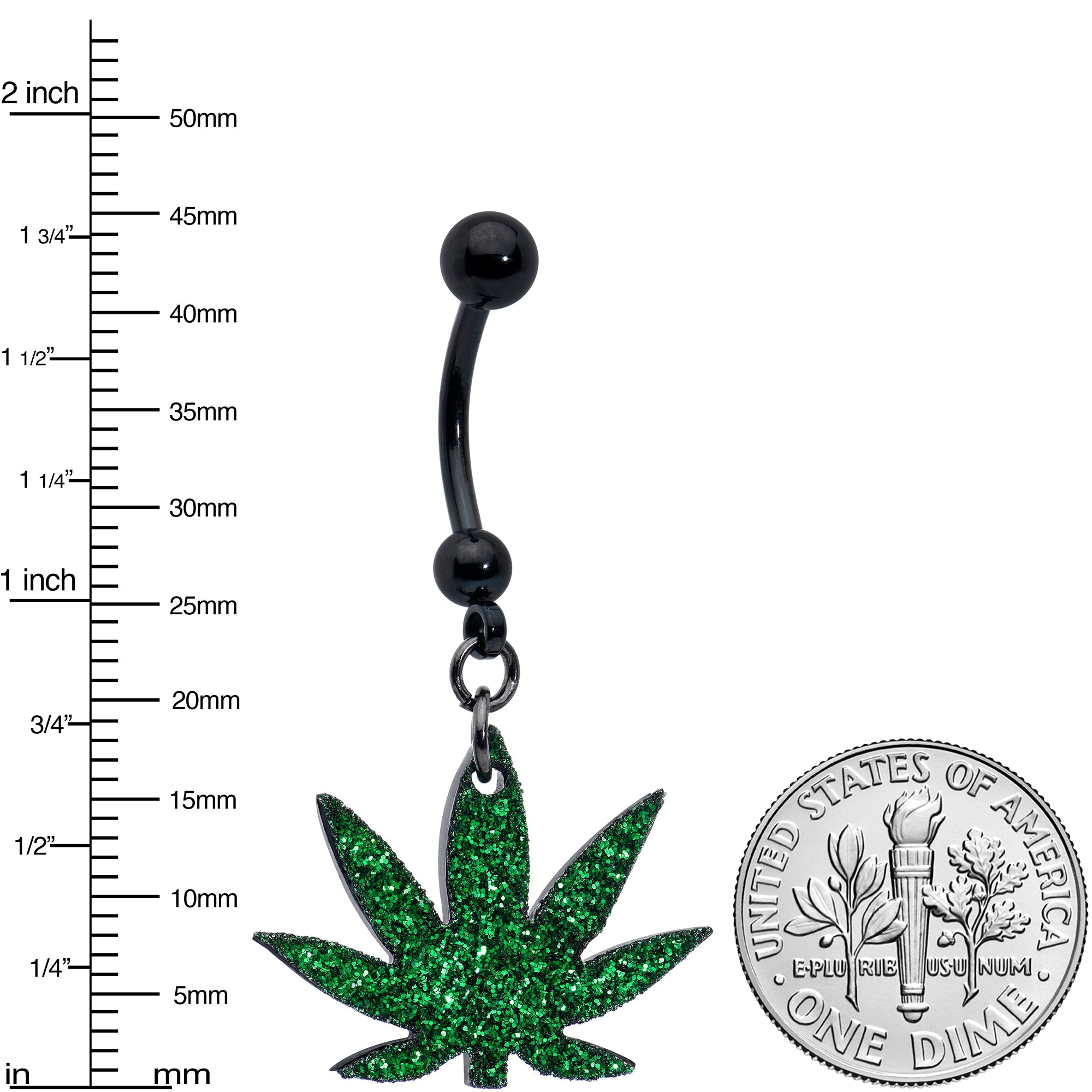 Green Glitter Leaf Black Dangle Belly Ring