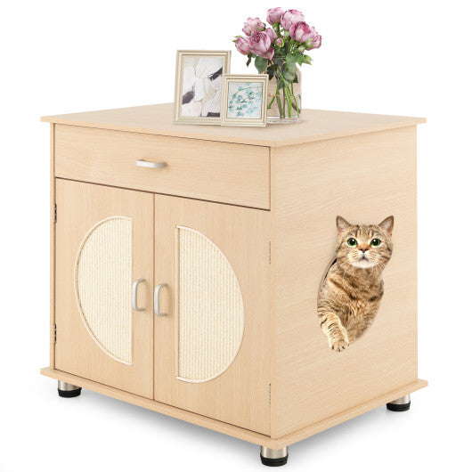 Wooden Cat Litter Box Enclosure with Sisal Scratch Doors & Storage Drawer