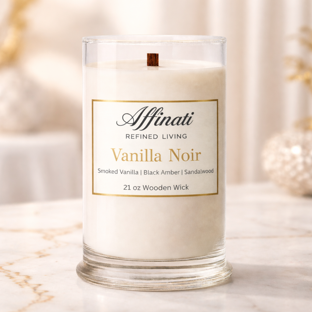 Candle with 'Affinati' label on a marble surface