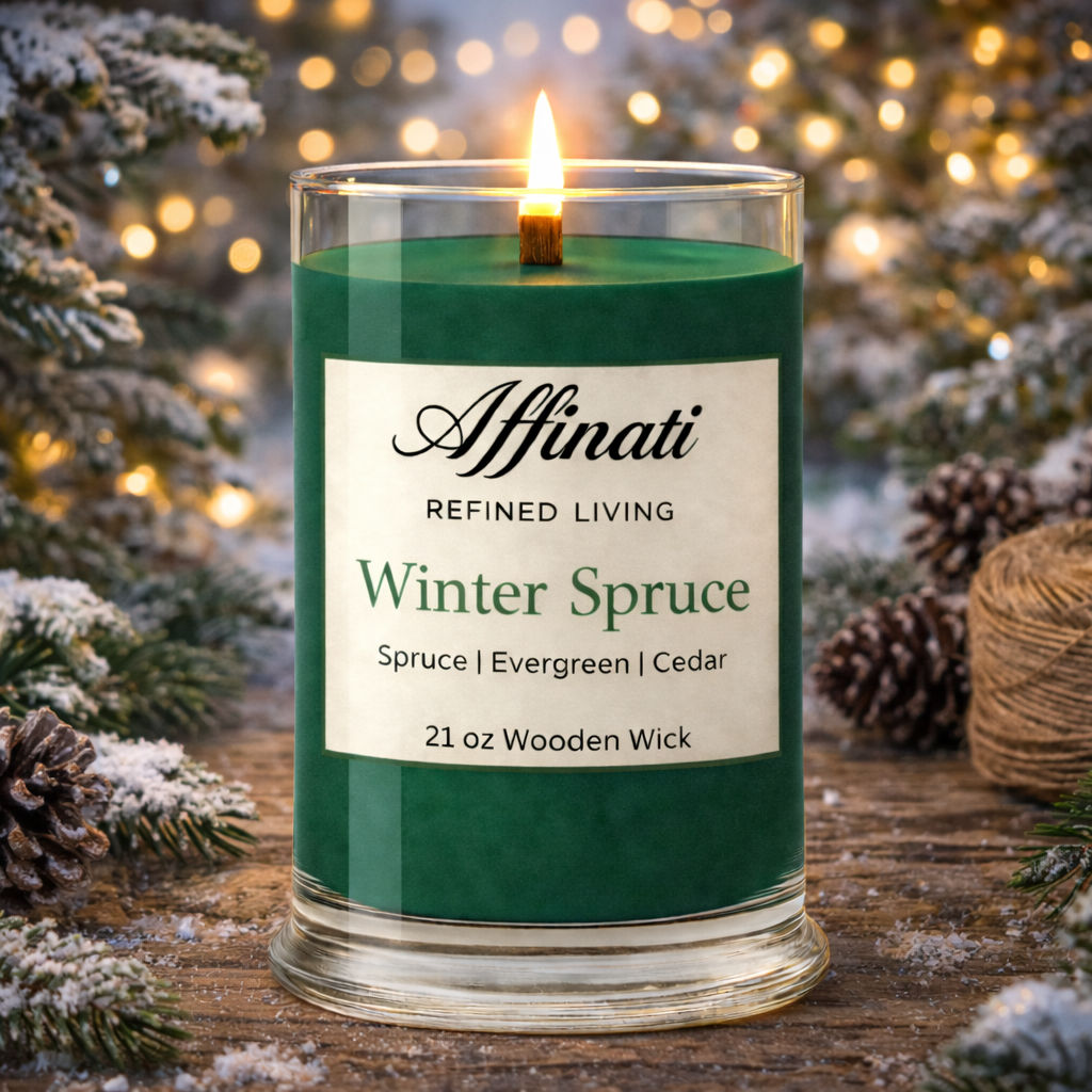 Green candle labeled 'Affinati Refined Living Winter Spruce' with a Christmas-themed background.