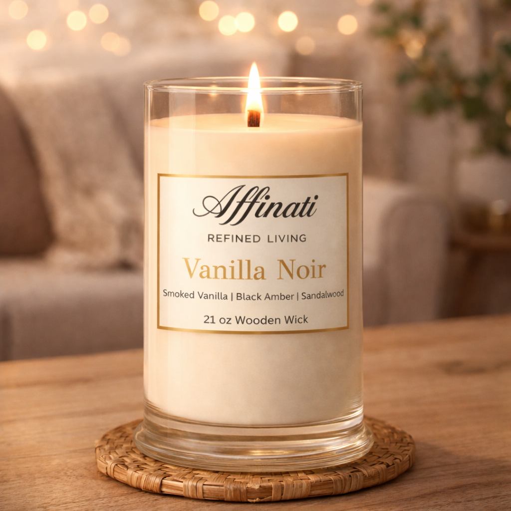 Candle labeled 'Affinati Vanilla Noir' on a wooden surface with a blurred background