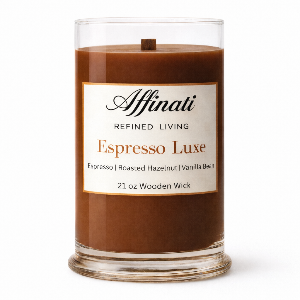 Candle with 'Affinati' label on a white background