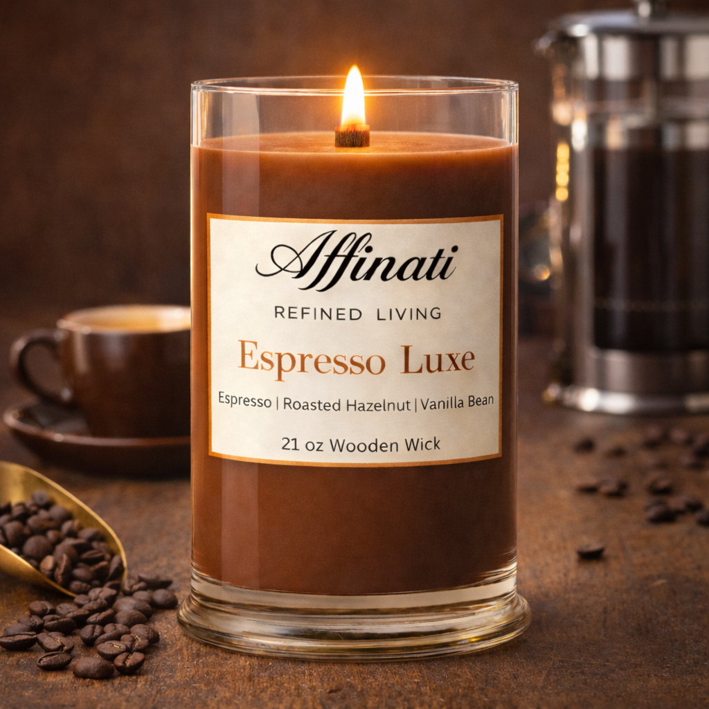 Candle labeled 'Affinati Espresso Luxe' with coffee cup, beans, and French press in the background.