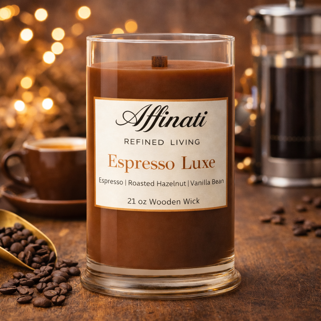 Candle labeled 'Affinati Espresso Luxe' on a wooden surface with coffee beans and a cup in the background.