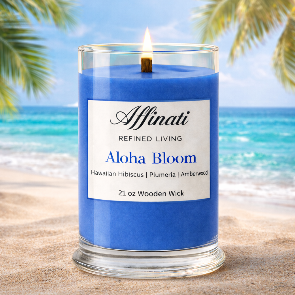 Blue candle labeled 'Aloha Bloom' by Affinati on a beach with palm trees and ocean in the background