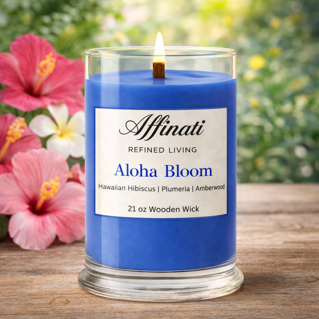 Blue candle labeled 'Aloha Bloom' by Affinati with flowers in the background