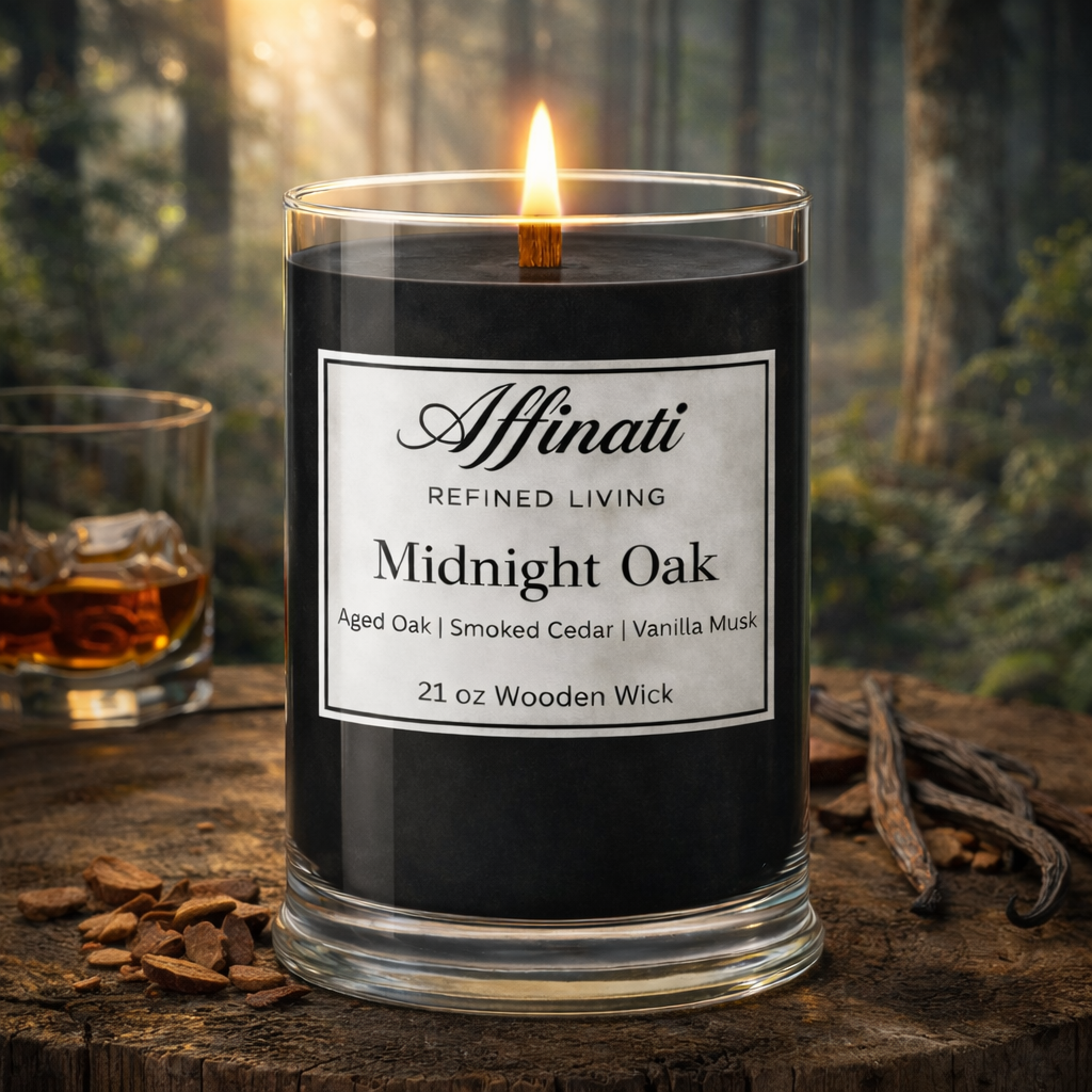 Candle labeled 'Affinati Midnight Oak' with a glass of whiskey and vanilla beans on a wooden surface.