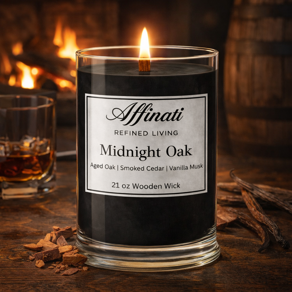 Candle labeled 'Affinati' with a fireplace and glass of whiskey in the background