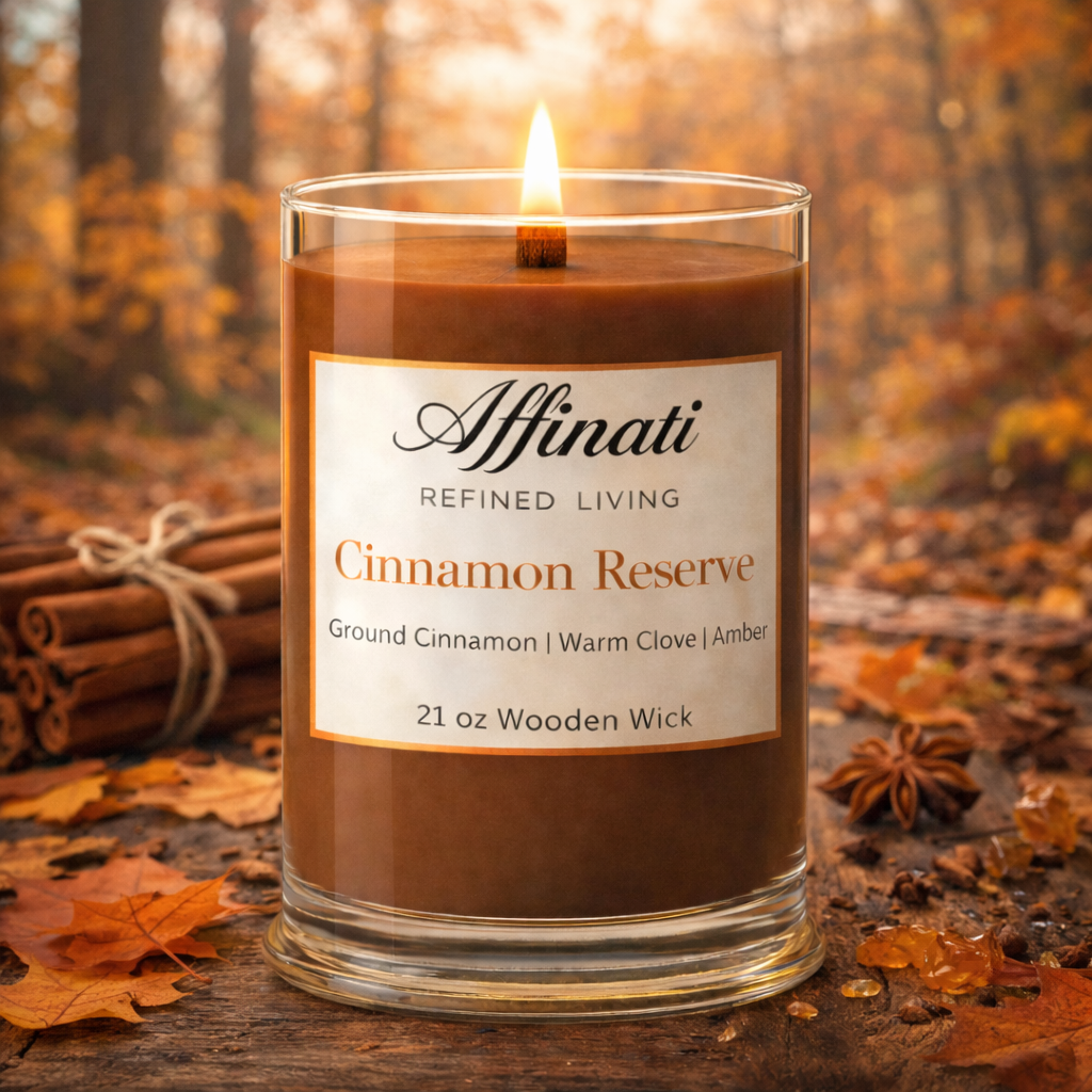 Candle labeled 'Affinati' with cinnamon sticks and autumn leaves in the background
