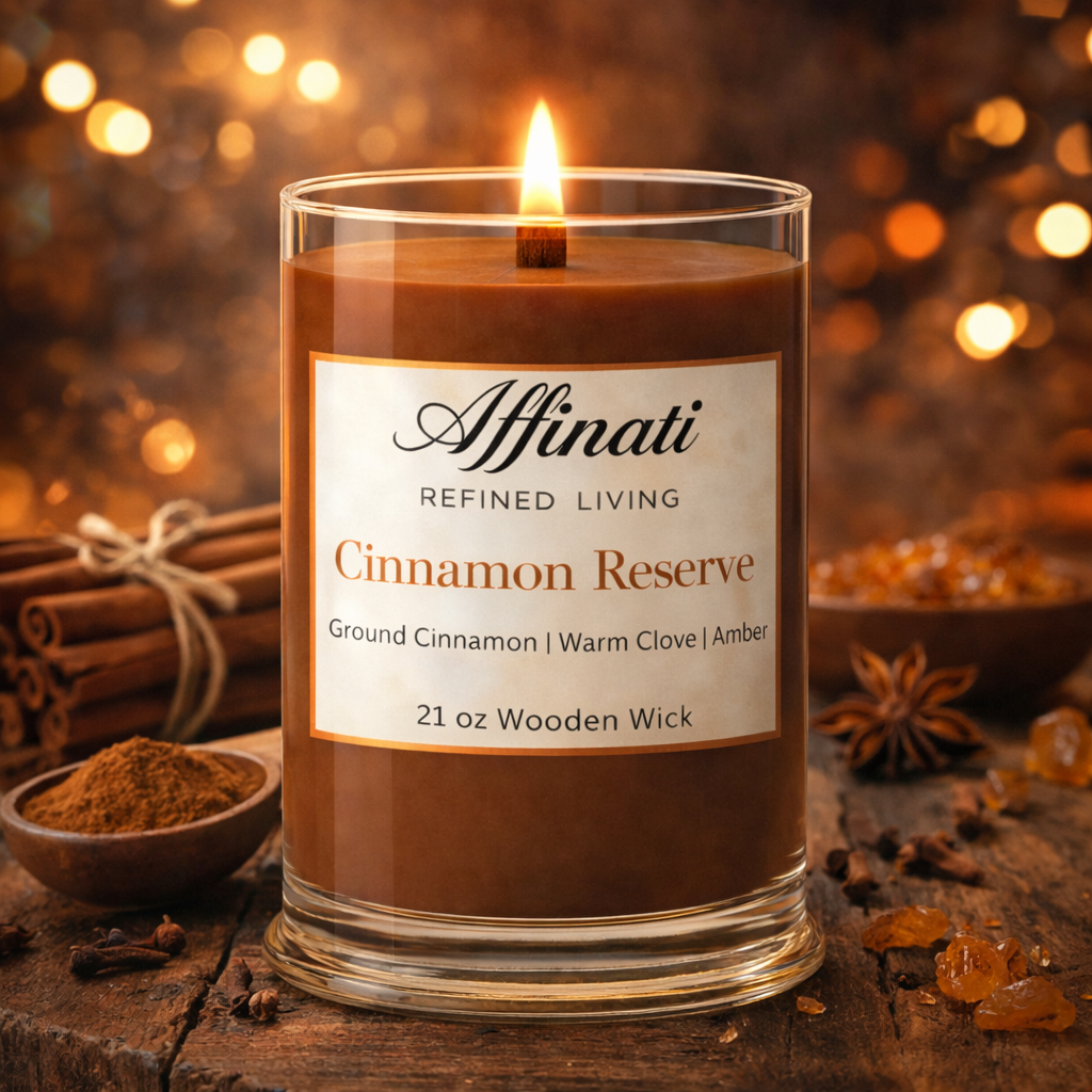 Candle labeled 'Affinati Cinnamon Reserve' with cinnamon sticks and spices in the background