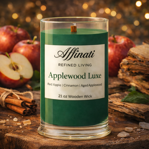 Green candle labeled 'Affinati Refined Living Applewood Luxe' with apples and cinnamon sticks in the background.