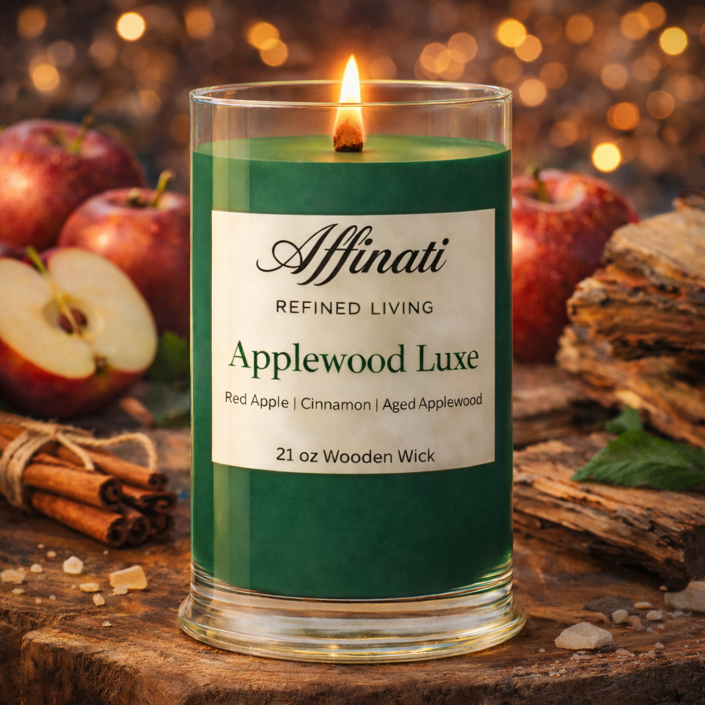 Green candle labeled 'Affinati Refined Living Applewood Luxe' with apples and cinnamon sticks on a wooden surface.
