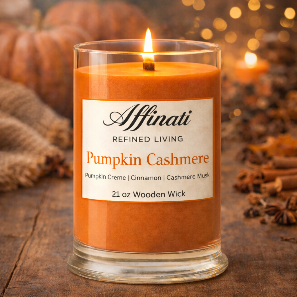Orange candle labeled 'Affinati Refined Living Pumpkin Cashmere' on a wooden surface with pumpkins and cinnamon sticks in the background.