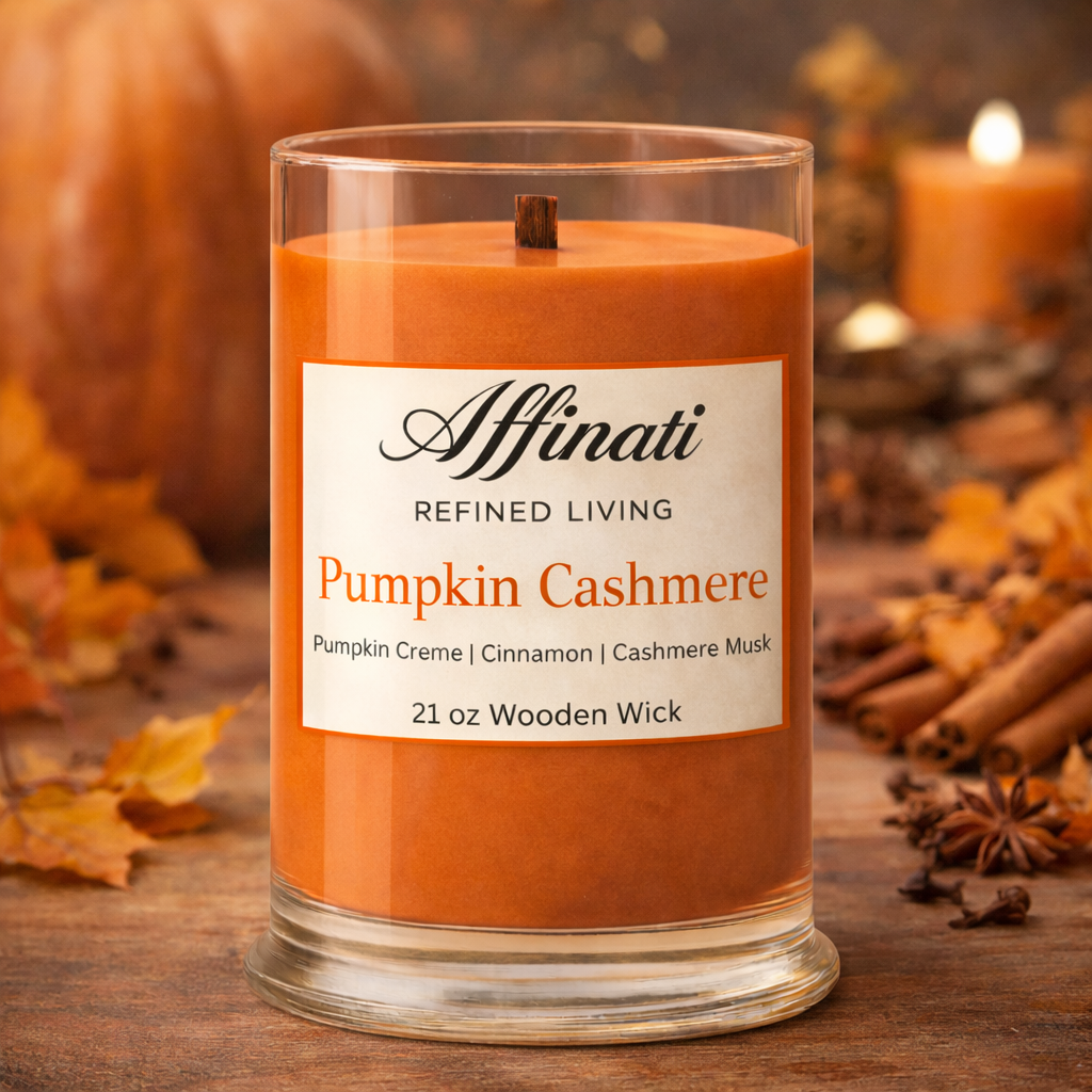 Orange candle labeled 'Affinati Refined Living Pumpkin Cashmere' on a wooden surface with autumn decorations.