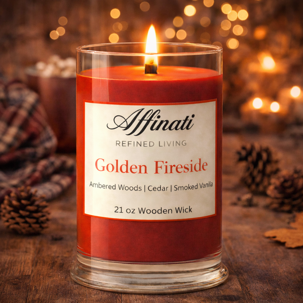 Red candle labeled 'Affinati Golden Fireside' on a wooden surface with blurred lights in the background.