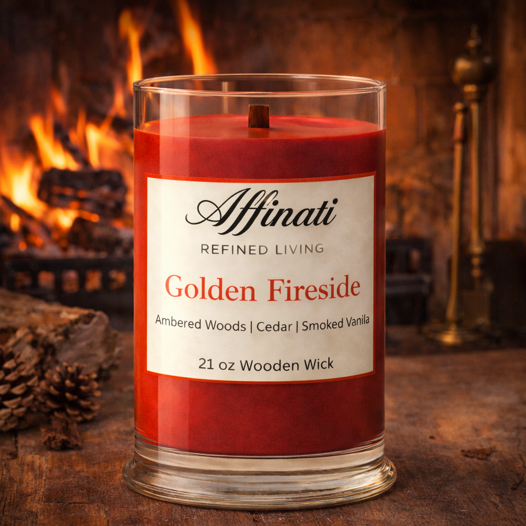 Red candle labeled 'Affinati Golden Fireside' in front of a fireplace.