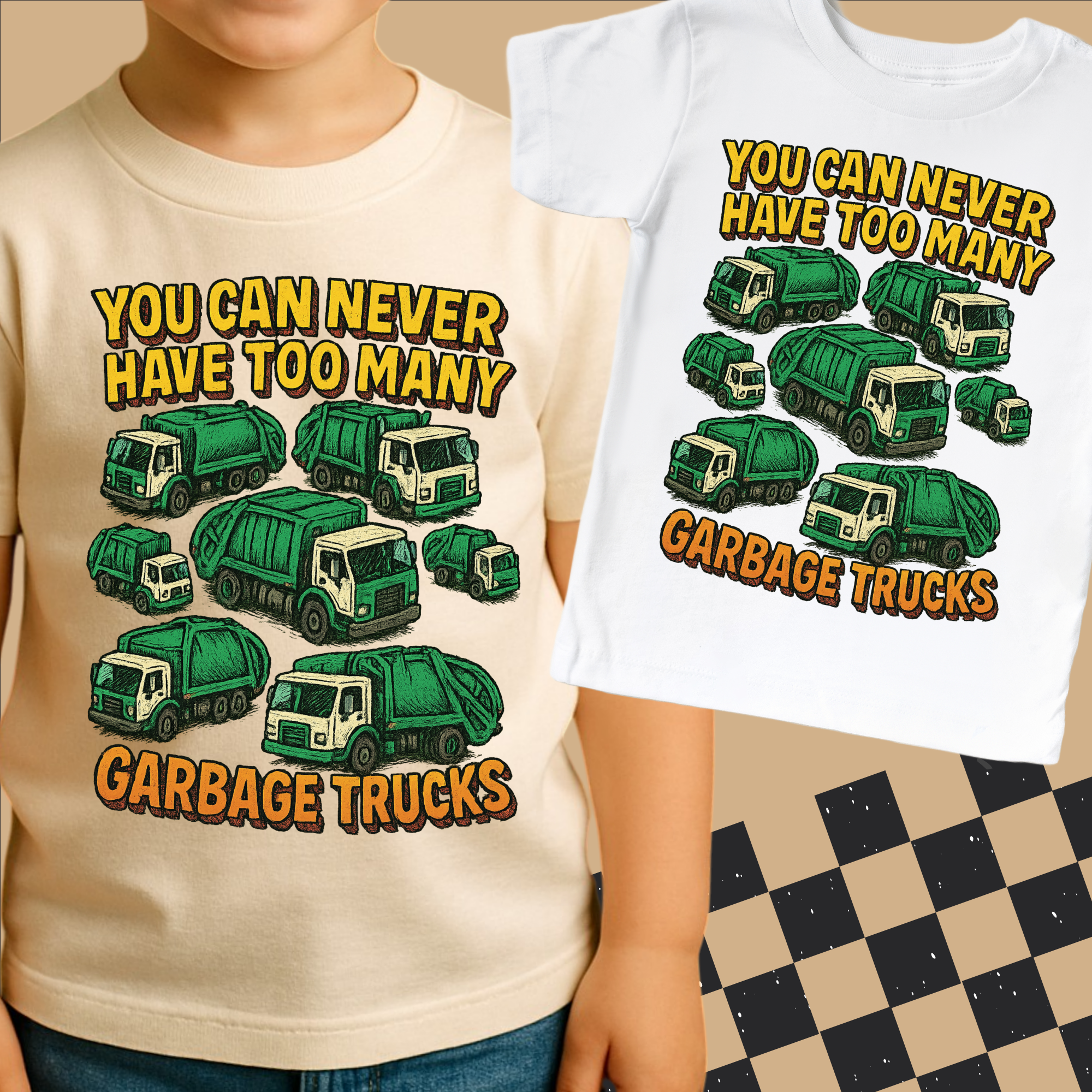Two t-shirts with green garbage trucks and text on a checkered floor.
