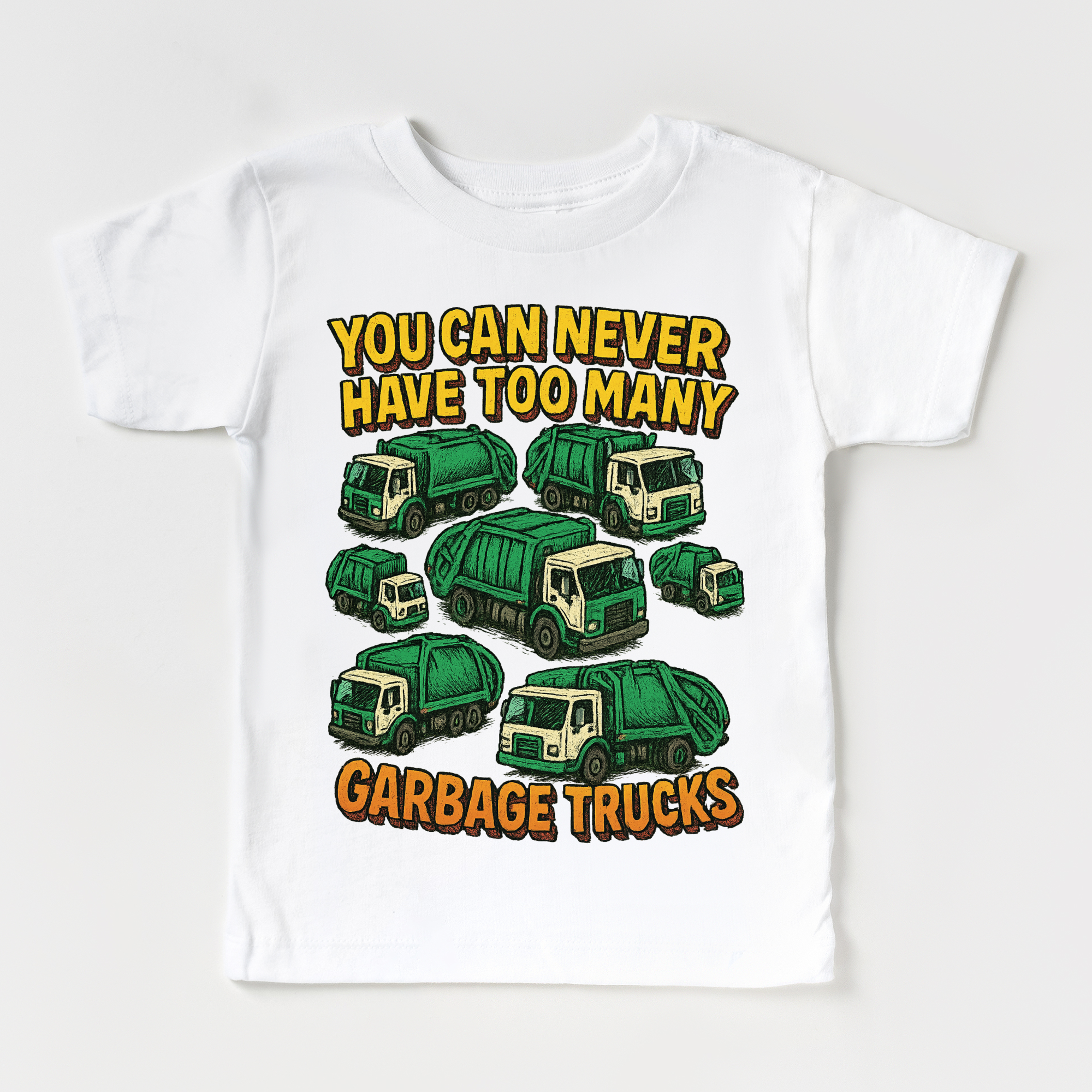 White t-shirt with green garbage trucks and text on a white background