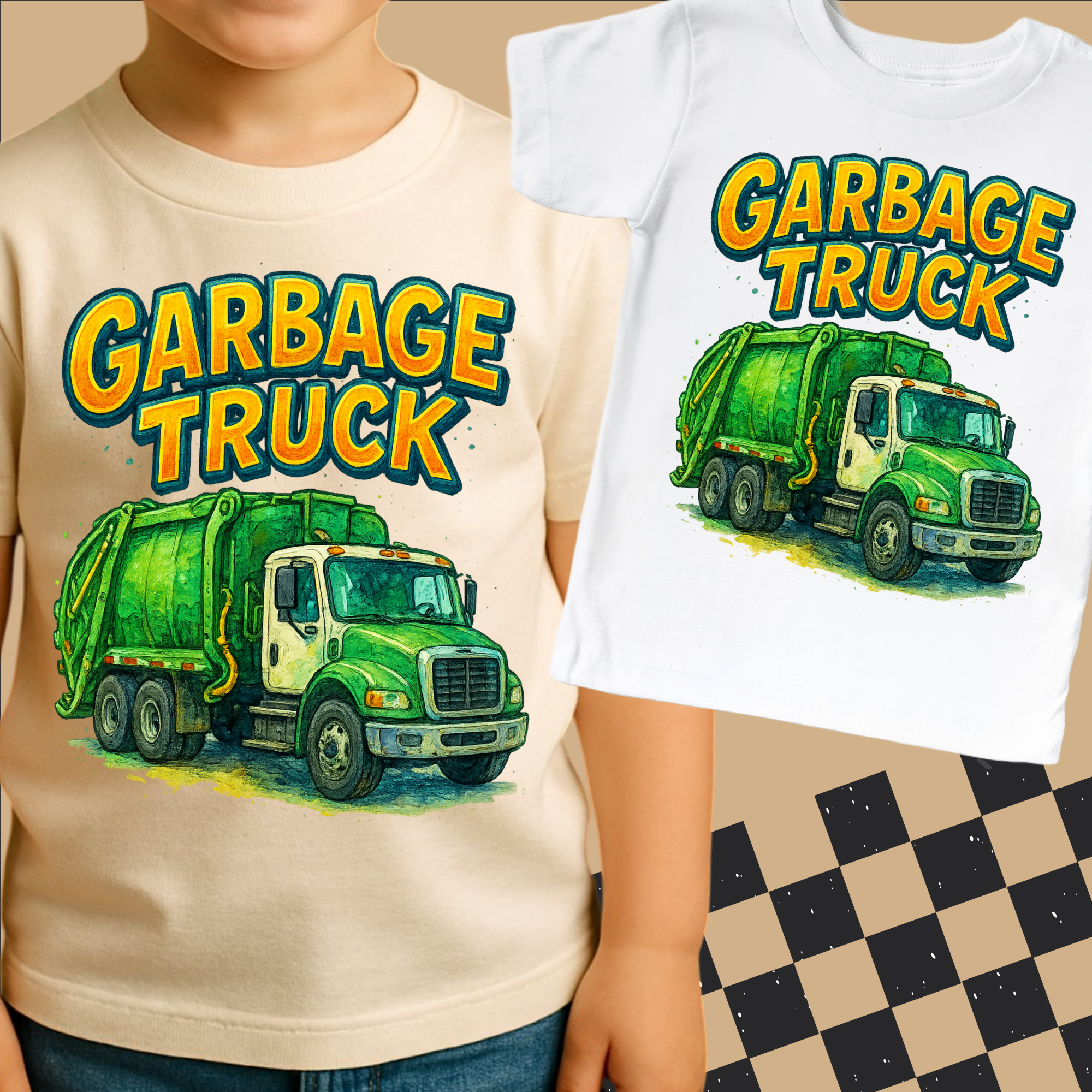 Two t-shirts with garbage truck graphics and 'Garbage Truck' text on a checkered floor.