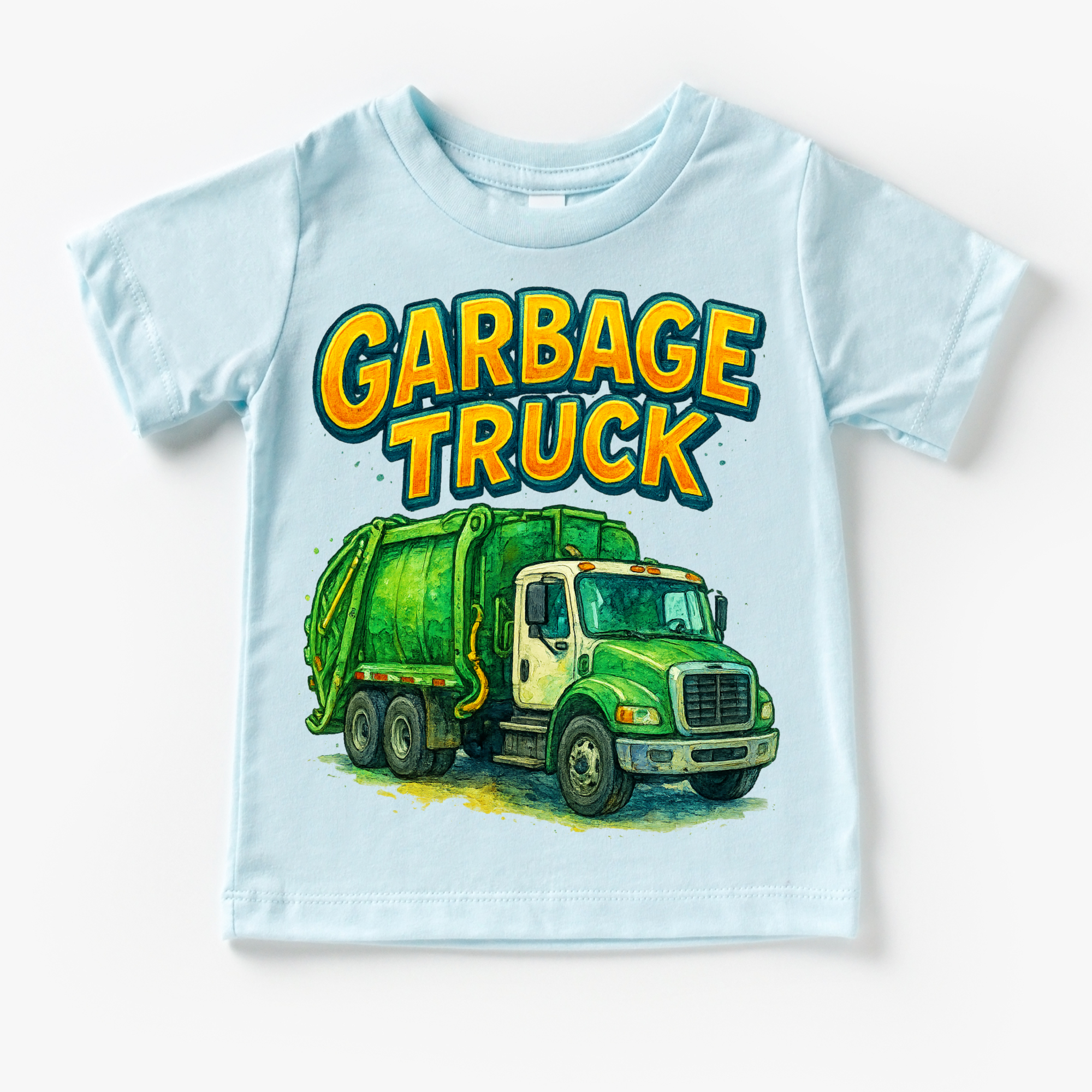 Light blue t-shirt with a green garbage truck graphic and 'Garbage Truck' text on a white background
