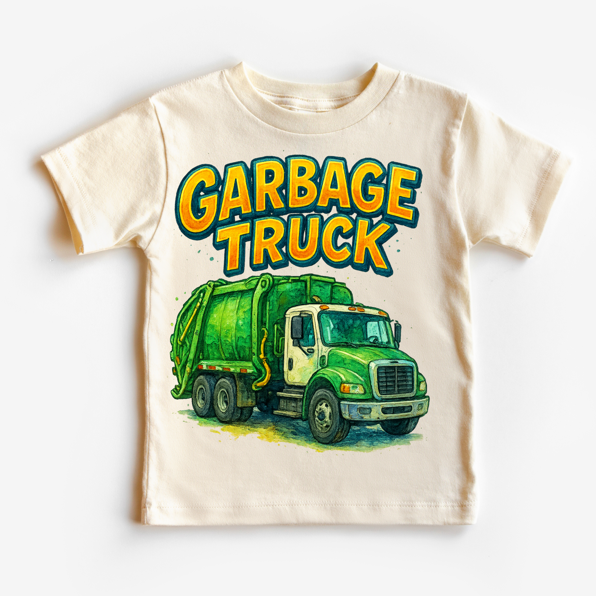 Children's t-shirt with a graphic of a garbage truck and the text 'Garbage Truck' on a white background.