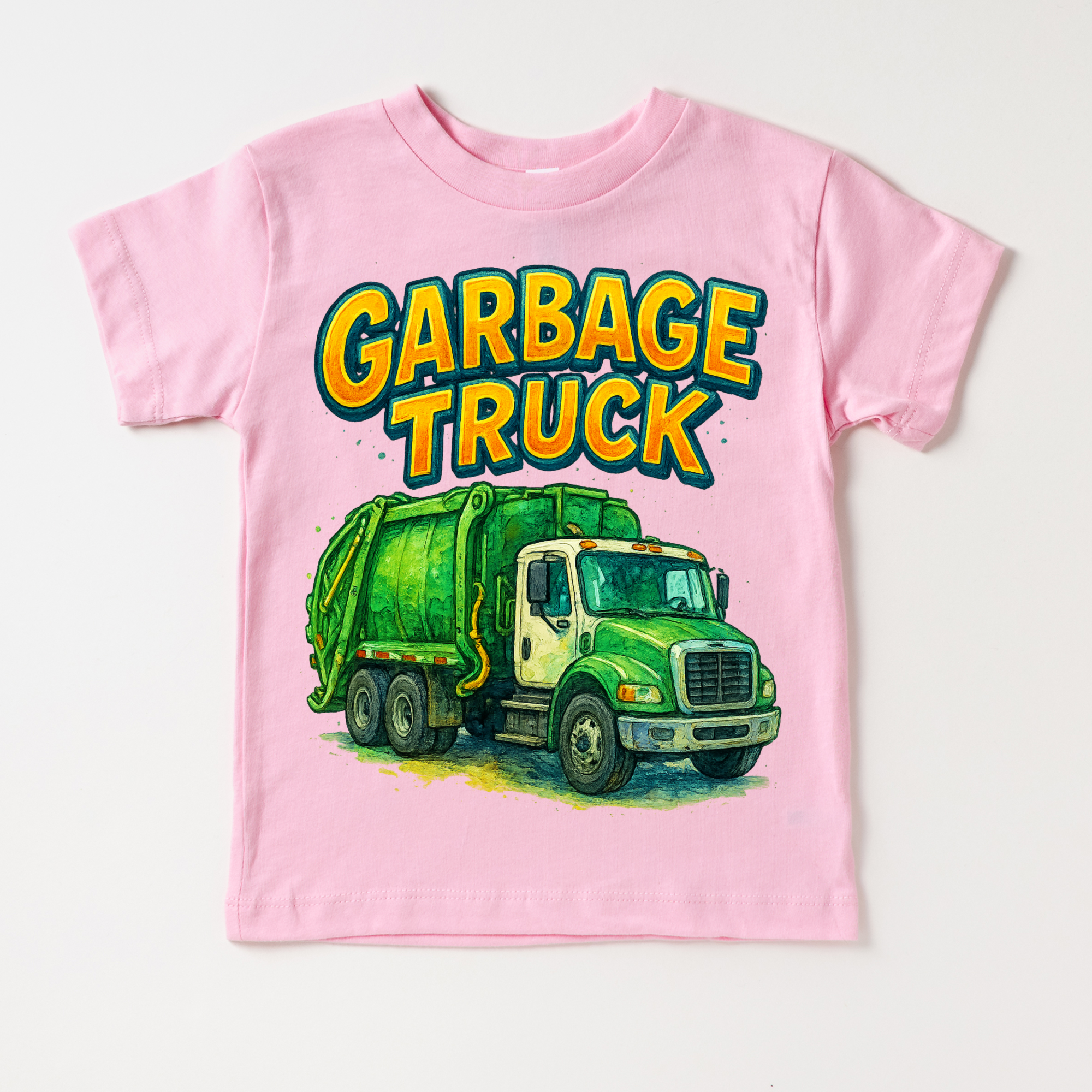 Pink t-shirt with a green garbage truck graphic and 'Garbage Truck' text on a white background
