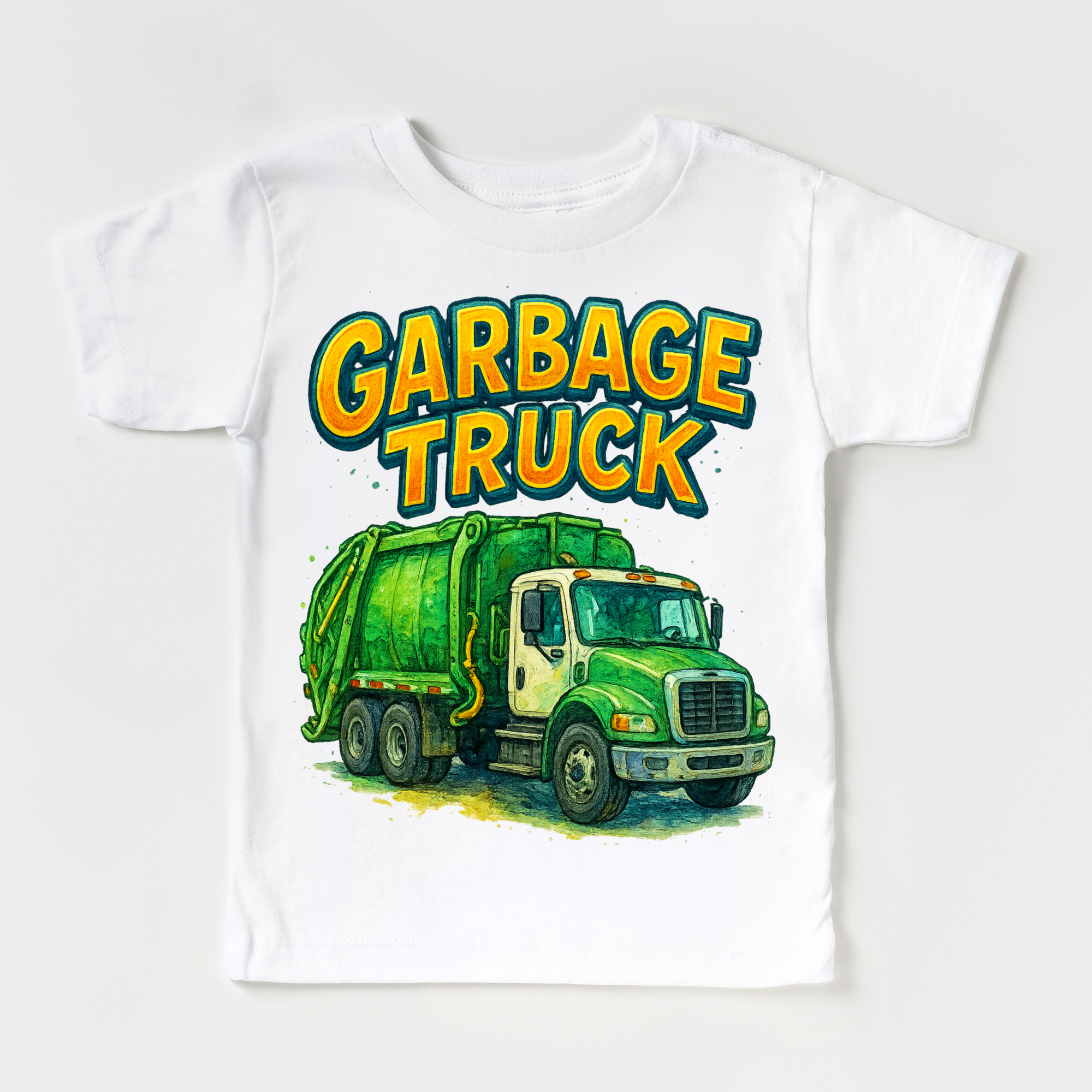 White t-shirt with a green garbage truck graphic and 'Garbage Truck' text on a white background