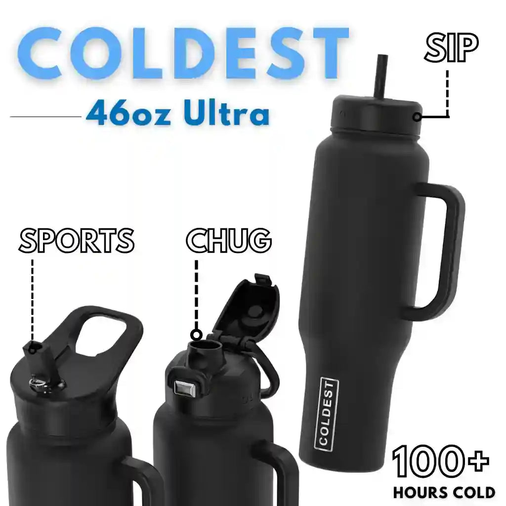 COLDEST 46oz Limitless™ Wasserflasche — 36+ Stunden kalt, 3 Deckel, Becherhalterfreundlich